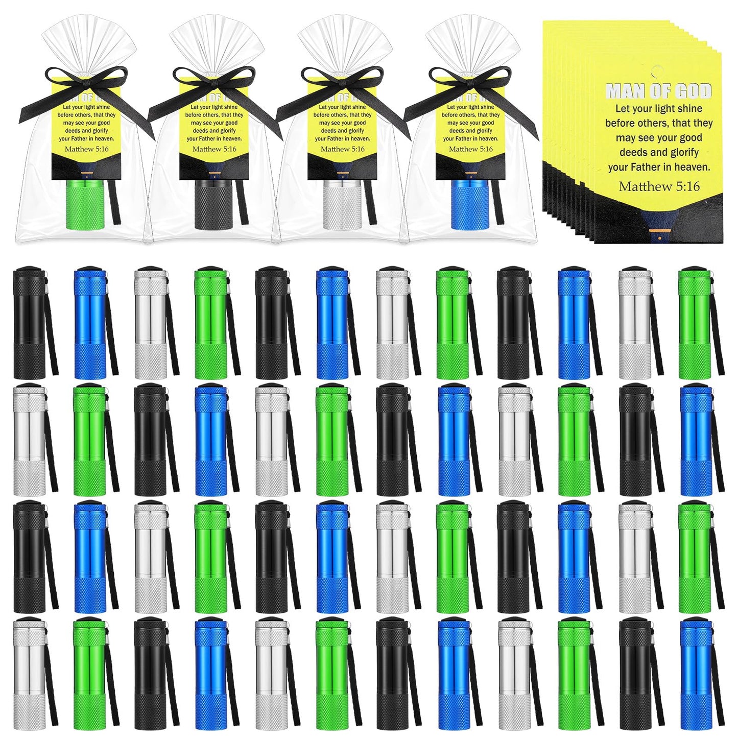 VIHOSE 100 Sets Christian Gifts for Men Church Flashlights Bulk Man of God Small 3.37 in Aluminum Pocket Flashlight with Bible Verse Cards, Ribbon, Bags for Father Man Church Events Ministry (Classic)
