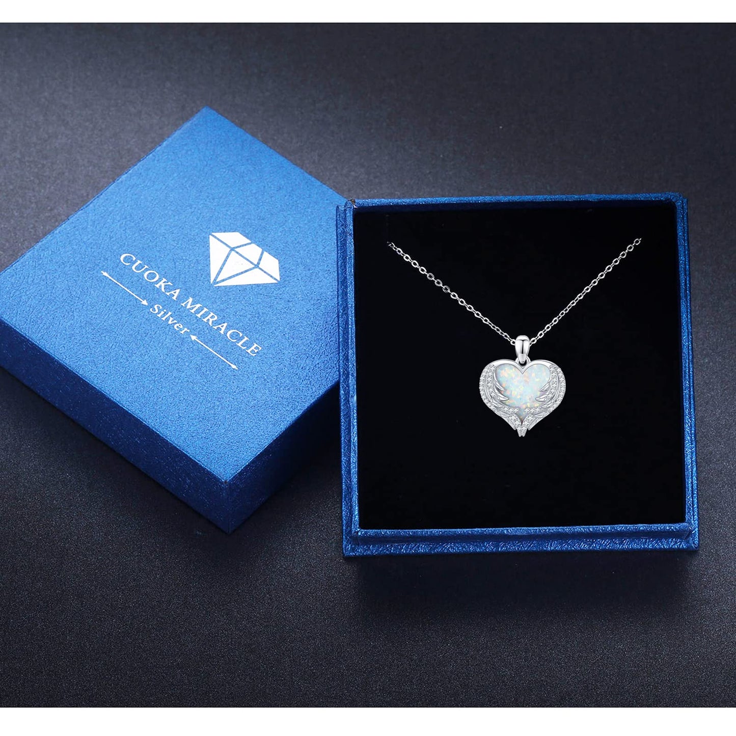 CUOKA MIRACLE Angel Wing Heart Opal Necklace 925 Sterling Silver Women's Guardian Angel Wings Pendant Necklace Dainty White Opal Jewelry for Women Birthday Gifts for Mom Women