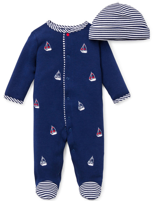 Little Me Baby Boy Clothes 2-Piece Baby Sleeper and Cap Set, 100% Cotton Footies Baby Essentials, Preemie to 9 Months