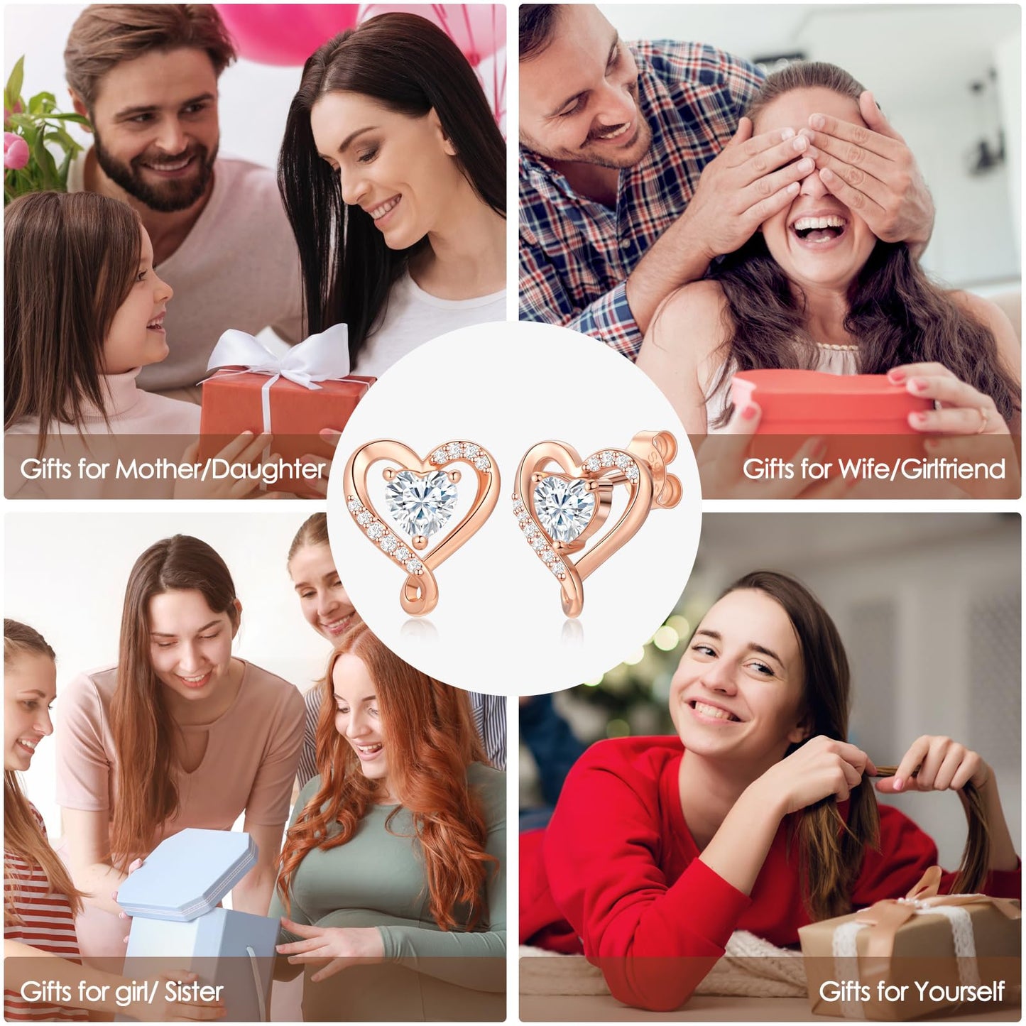 Zifeel Earrings for Women, Rose Gold Birthstone Heart Studs Earring for Girlfriend Wife, Anniversary Birthday Christmas Valentines Mothers Day Gifts Jewelry for Women Wife Her Mom