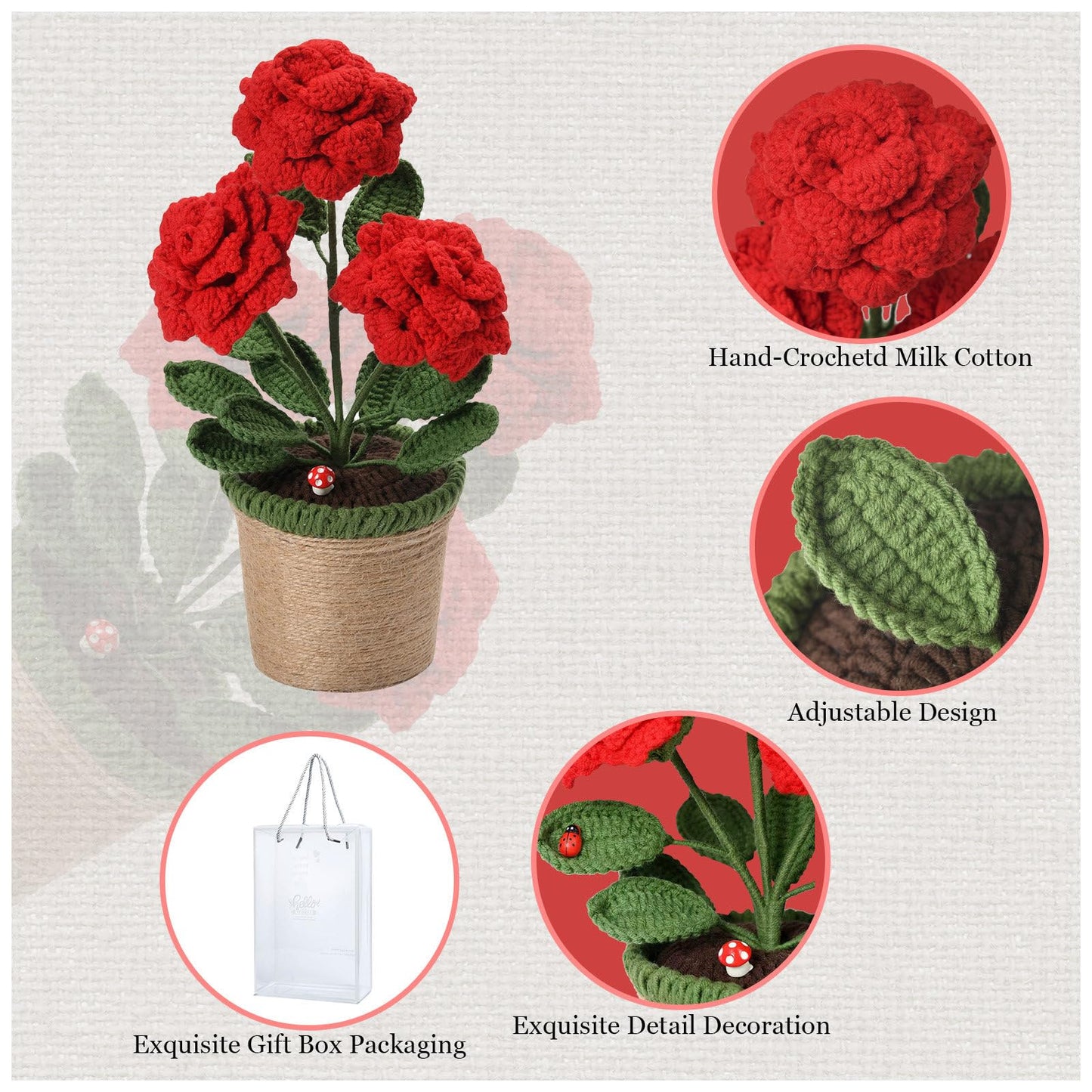 TALIBSA Handmade Crochet Rose Flower Pot Plant Gift Box，Crochet Flowers Handmade Knitted Potted Plants，Knitting Crochet Puff Flowers Potted Plants，Gifts for Family, Loved Ones and Friends