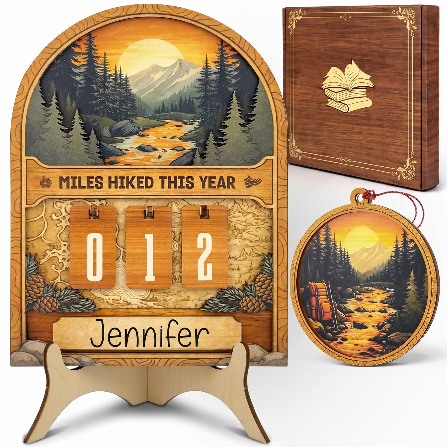 Hiking Gifts For Men Women Miles Hiked This Year Counter Personalized Wooden Trail Tracker Mountain Forest Decor With Hiking Ornament Pen Storage Box Unique Birthday Father Mothers Day Christmas