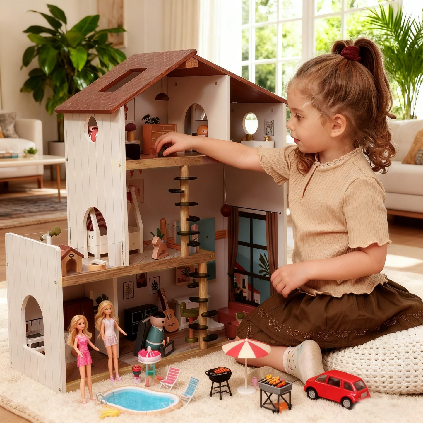 Wooden Doll House with 53Pcs Furniture Doll House, 6 Rooms Toddler Dollhouse Includes Spiral Wooden Staircase and Balcony, Modern Family Dollhouse with Realistic Design Gift for Ages 3+
