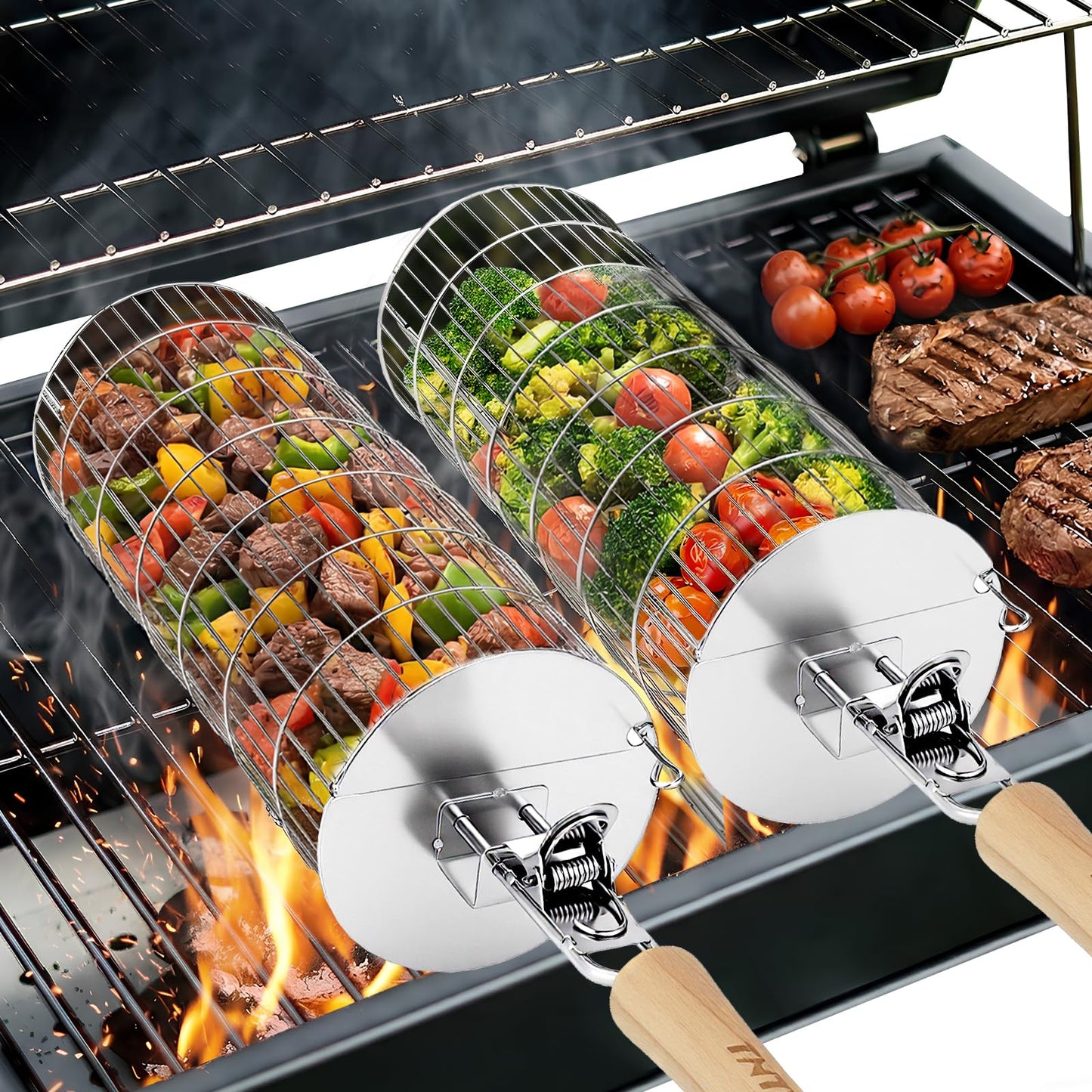 TNTOR Rolling Grill Basket, Larger 304 Stainless Steel Nesting Grilling Net, Removable Handle, BBQ Accessories Tools for Veg Shrimp, Outdoor Cooking Camping grilling gifts for men Dad Husband