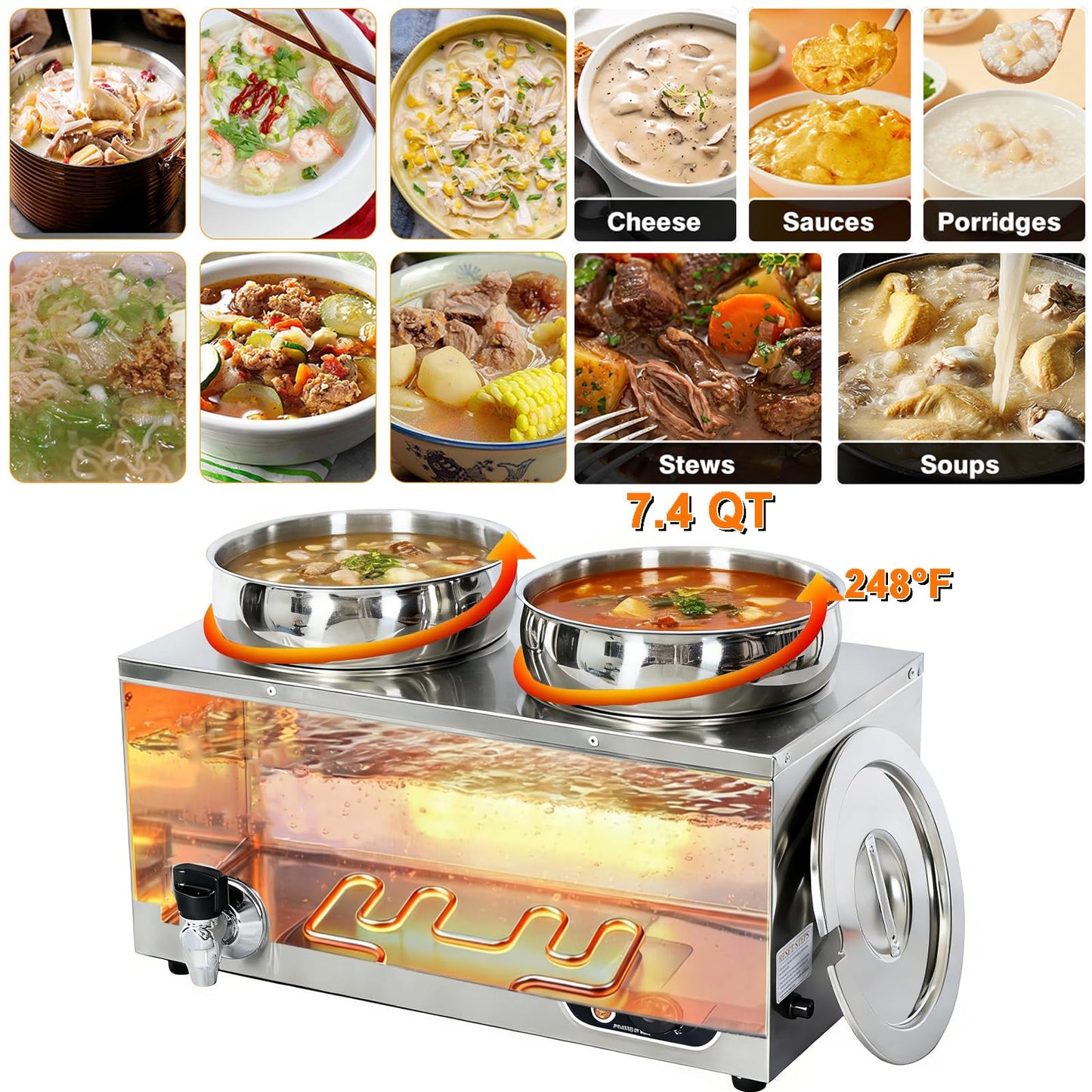 CTJ Electric Soup Warmer Two 7.4QT Commercial Food Warmer 304 Stainless Steel Bain Marie 86°F~185°F Adjustable, with Drain Faucet, Buffet Warmer Steam Table for Catering Restaurant Buffet