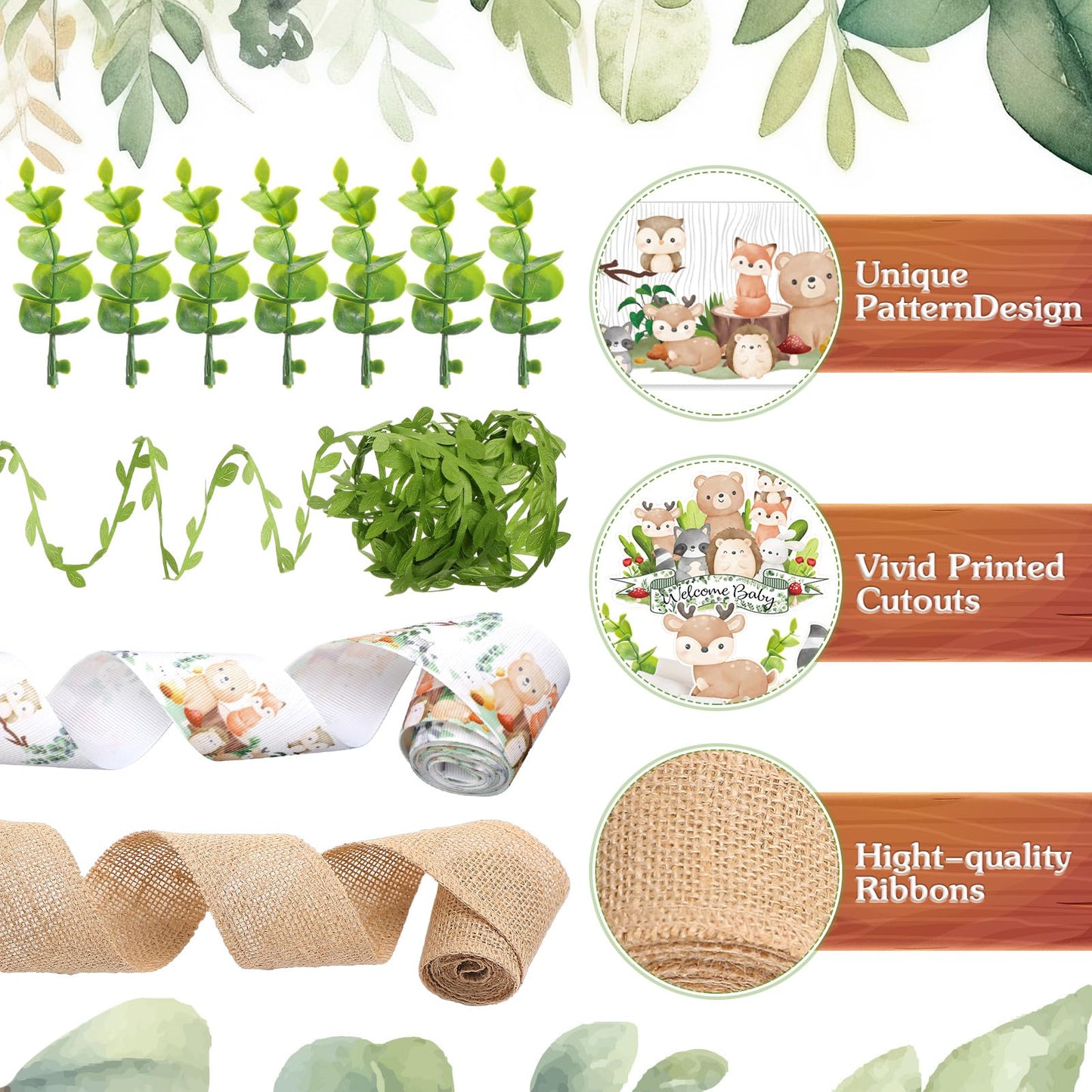 MotiMind Woodland Baby Shower Decorations DIY Diaper Cake Kit with Neutral Forest Animal Burlap Sage Green Leaf Ribbon Leaves Welcome Baby Gender Reveal Party Decor Mommy Gift(Card)