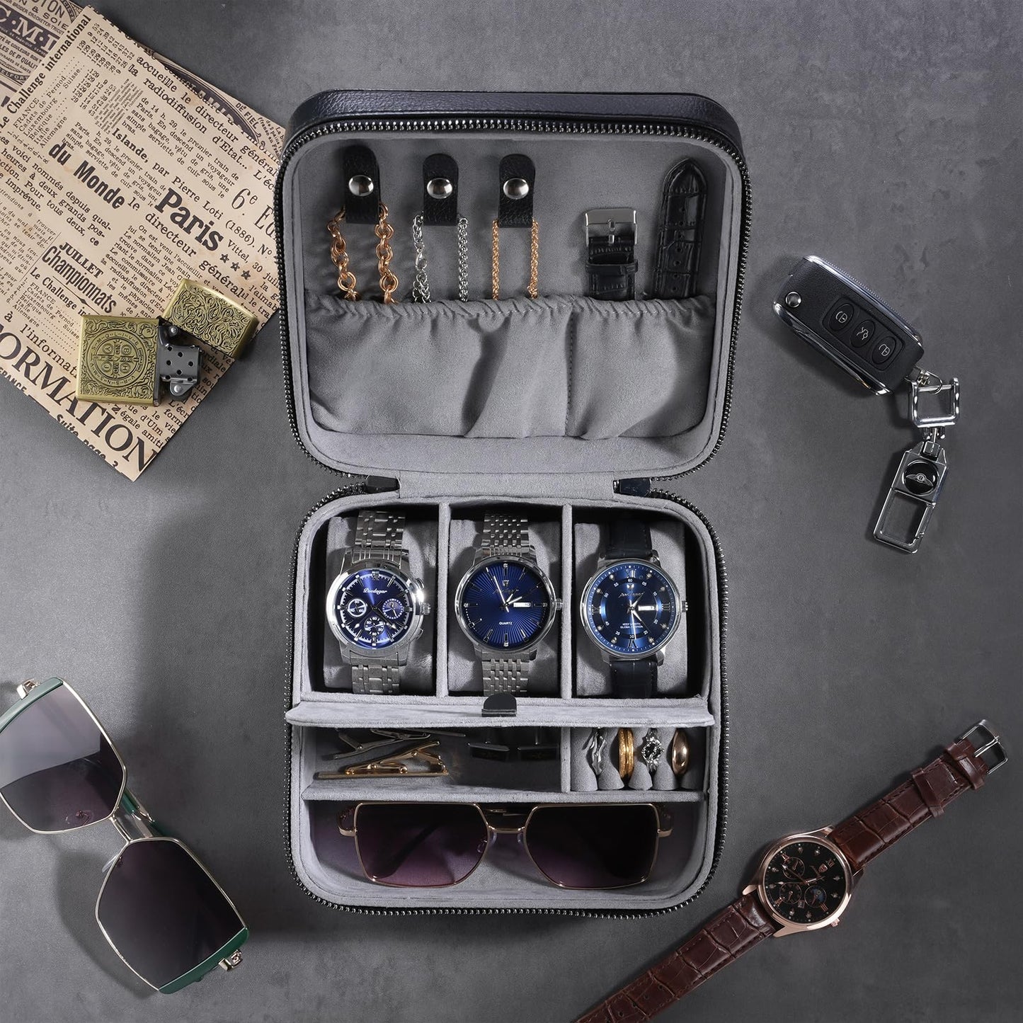 ProCase Travel Watch Case, 3 Slots PU Leather Mens Jewelry Box, Portable Watches Cufflinks Accessories Storage Case, Zippered Carrying Organizer Bag for Man, Valentine's Day Gift -Black