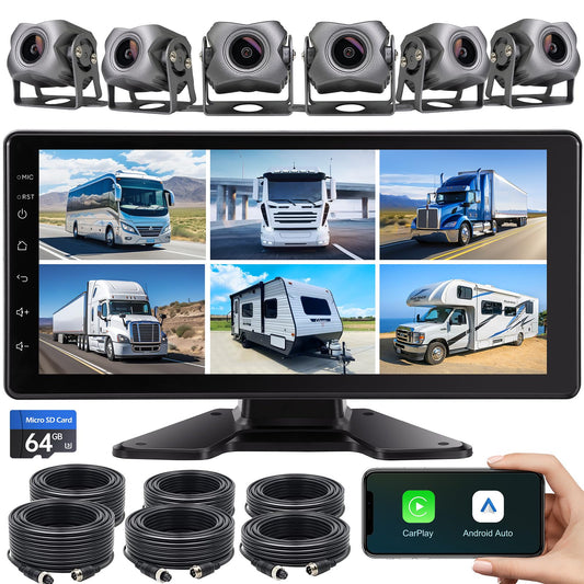 6-Channel 1080P Dash Cam Backup Camera System with 10.33 Inch Touch Screen Parking Monitor, Back Up Camera Car Radio for RV/Truck/Trailer/Van/SUV/Cars,Wireless Carplay/Android Auto/WiFi/Bluetooth/FM