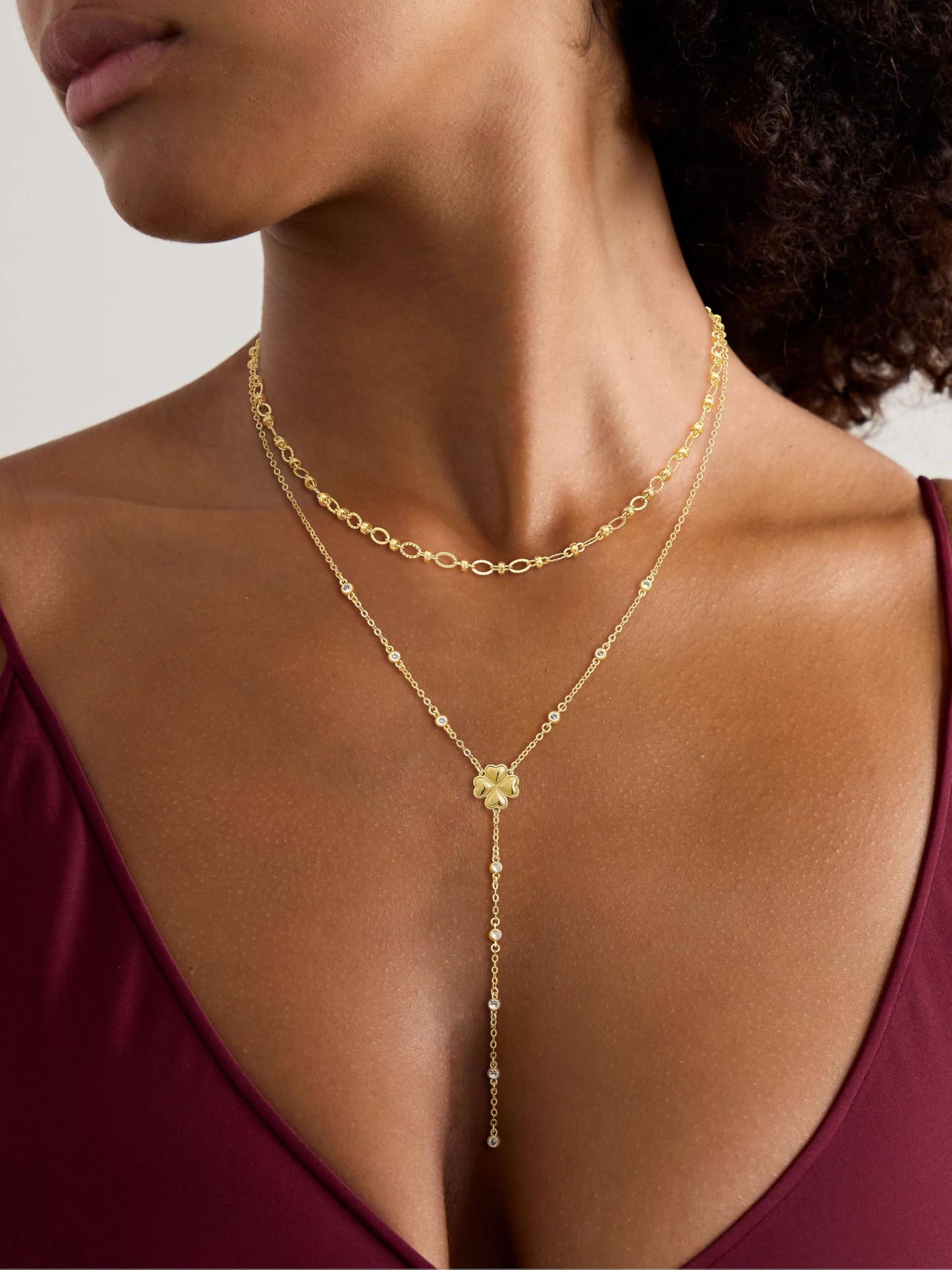 CHESKY Lariat Gold Necklace for Women, Dainty Long Necklace 14k Gold Plated Y-Shaped Pendant Necklace Trendy Paperclip Chain Four Leaf Drop Necklaces Simple Gold Jewelry for Women Gifts