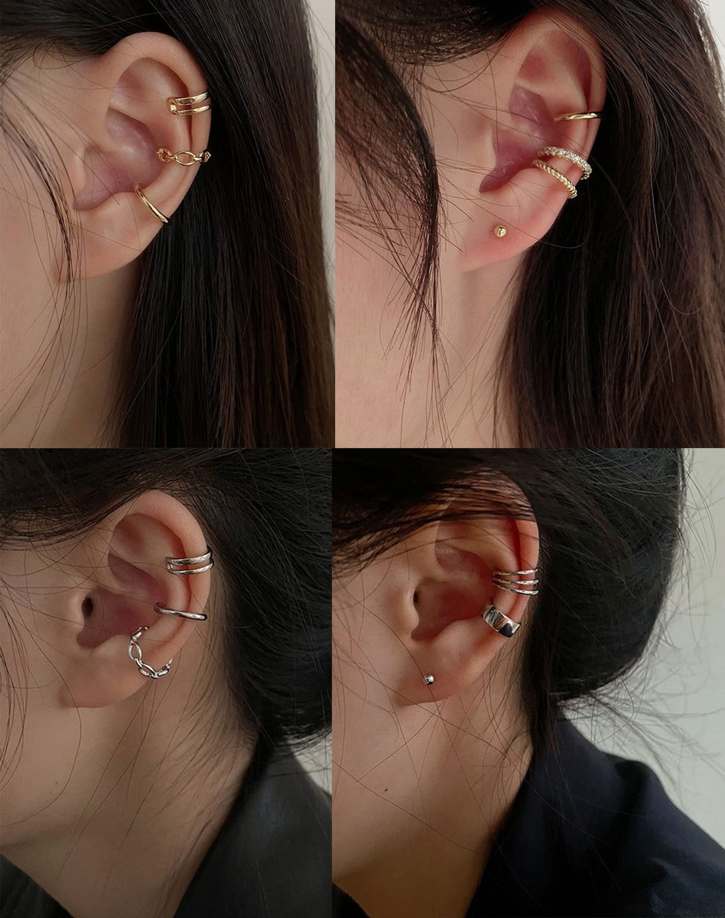 Tornito 4-10 Pairs Ear Cuff Helix Cartilage Clip On Wrap Earrings Fake Nose Ring Non-Piercing Adjustable (A7:10Pairs, Silver Tone)