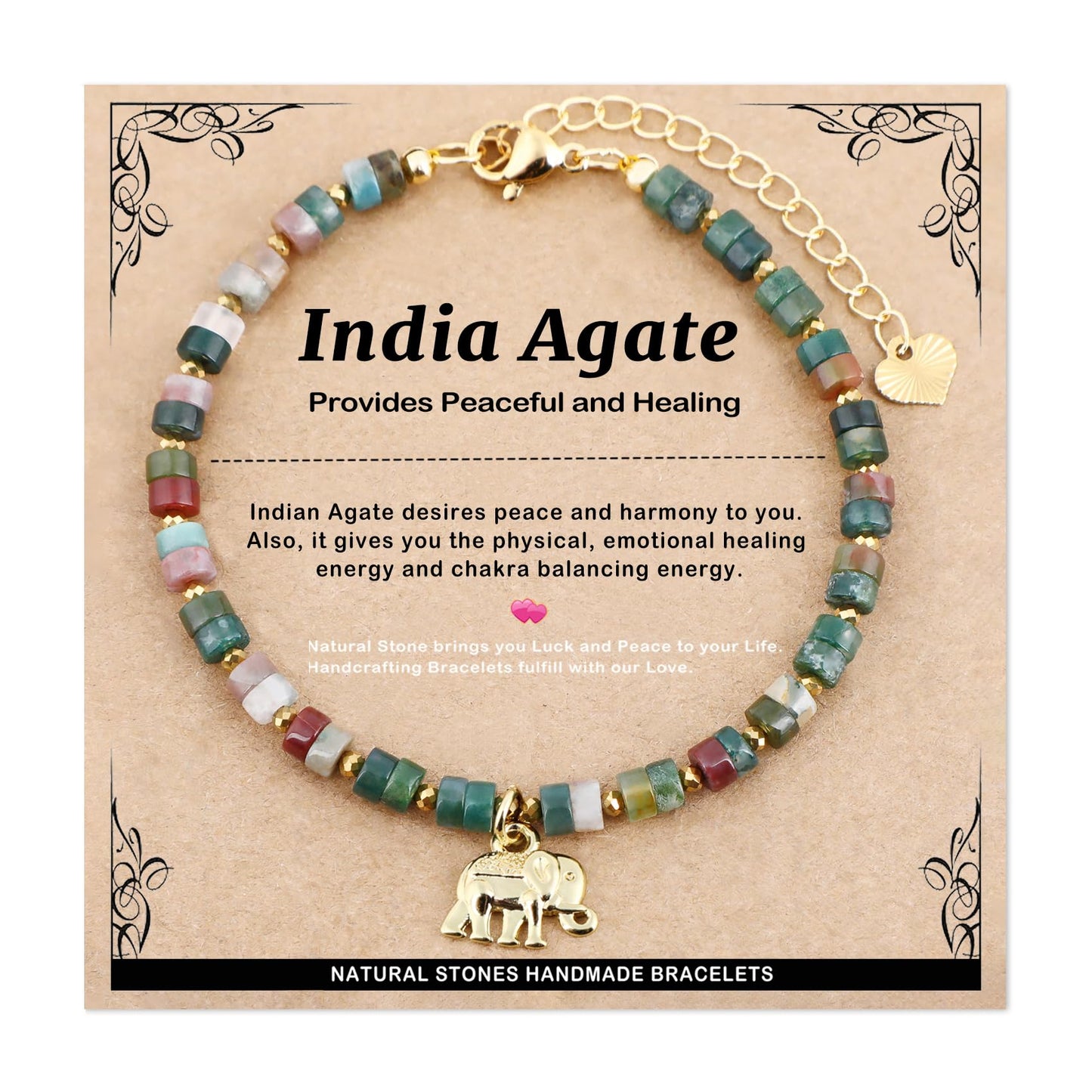 Natural Gemstone Healing Crystal Indian Agate Dainty Charms Elephant Bracelet Adjustable Chain Extender Minimalist Jewelry