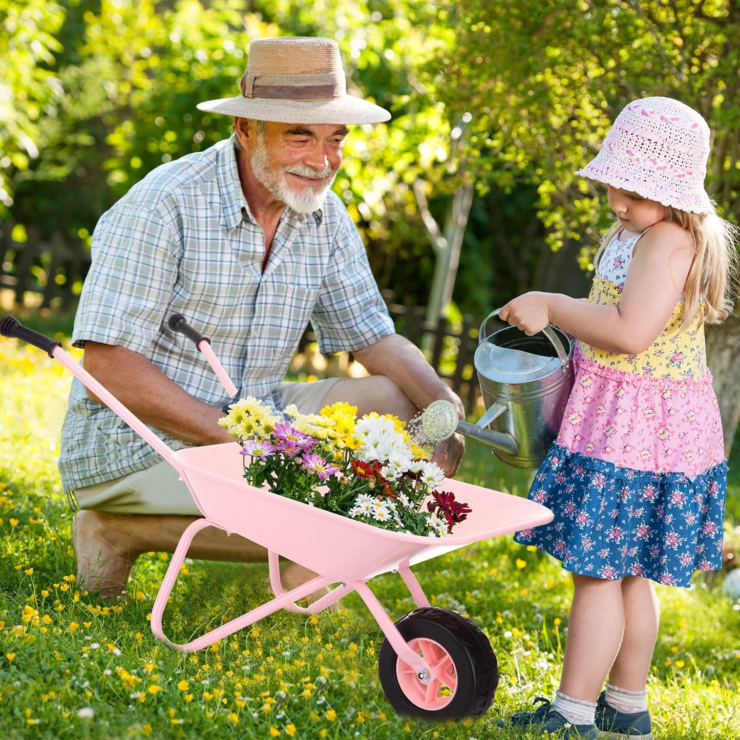 DaisyInner 5 Pcs Kids Gardening Tool Set Include Kids Wheelbarrow Metal Small Toddler Wheelbarrow Wagon with 4 Piece Kids Shovel, Rake, Hoe, Leaf Rake Wooden Gardening Tools for Boys and Girls (Pink)
