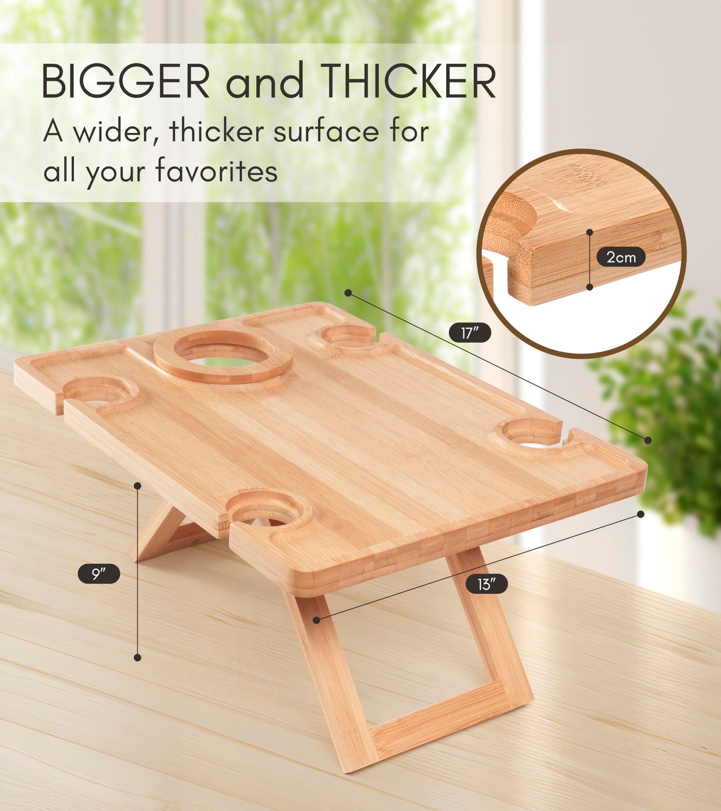 Outdoor Wine Picnic Table, Wooden Folding Picnic Table with Glass Holder, Bamboo Wine Glass Snack Tray for Indoor & Outdoor Use, Includes Picnic Mat & Tote Bag