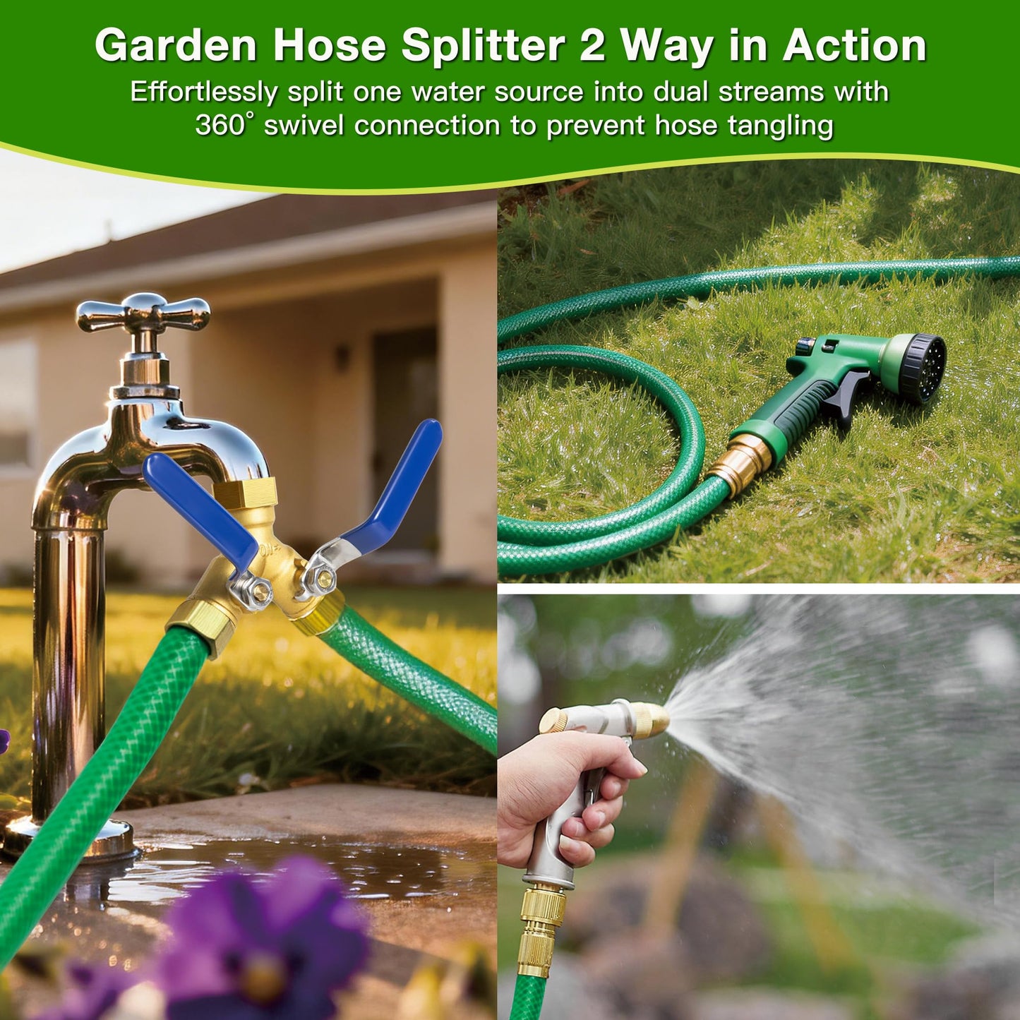 Garden Hose Splitter 2 Way, Solid Brass Water Hose Splitter with 304 Stainless Steel Handle, 3/4" GHT Thread Leak-Proof Y Valve for Outdoor Faucet Lawn, Irrigation & Washing