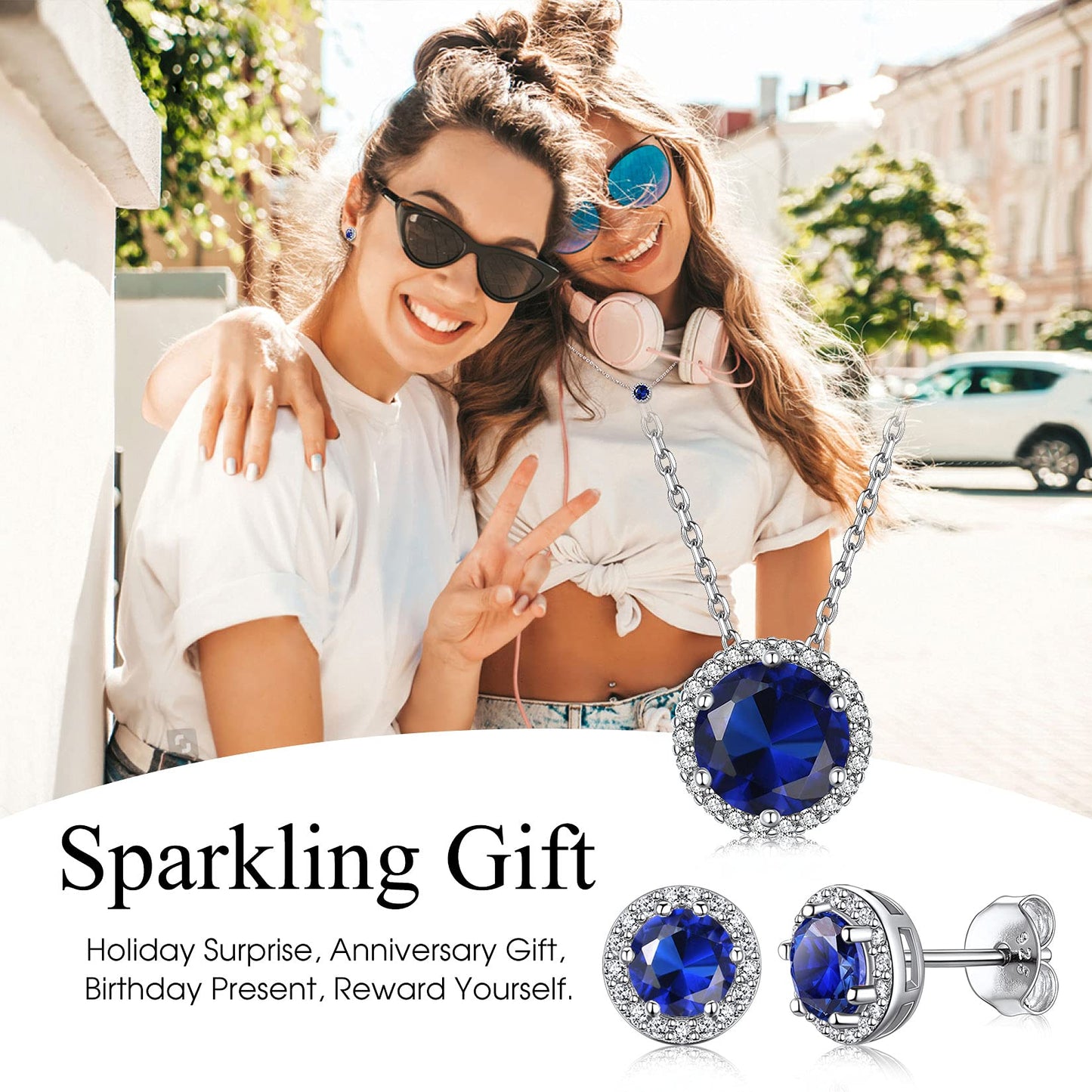 Bestyle Adorable September Sapphire Birthstone Stud Earrings 925 Sterling Silver CZ Round Gemstone Studs Earrings Great Birthday Gift for Wife/Mom/Grandma