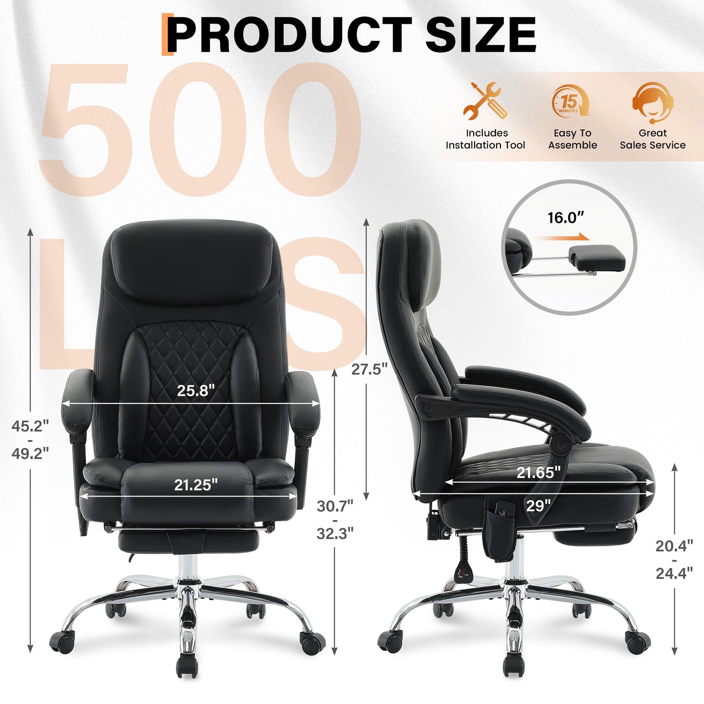 500LBS Massage Office Chair, 6 Points Vibration & Heat Executive Office Chairs, 135°Reclining Comfy Desk Chair with Footrest, Wider & Thicker Seat Cushion, PU Leather Big and Tall Gaming Chair, Black