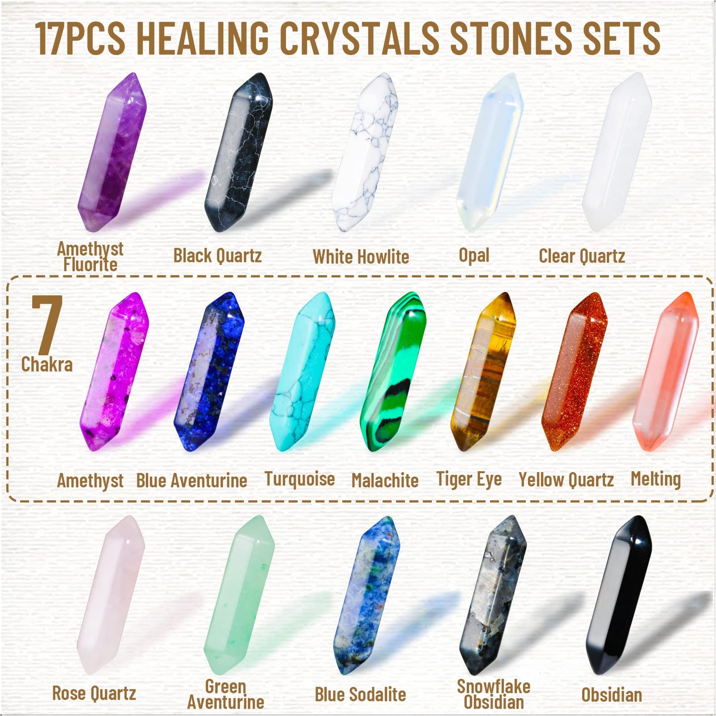 17Pcs Healing Crystals Stones Sets, Hexagonal Bullet Shaped Reiki Meditation Gemstone Chakra Stones Tiger Eye Obsidian Quartz Crystals Gemstone Wand Set Pendants with Storage Box