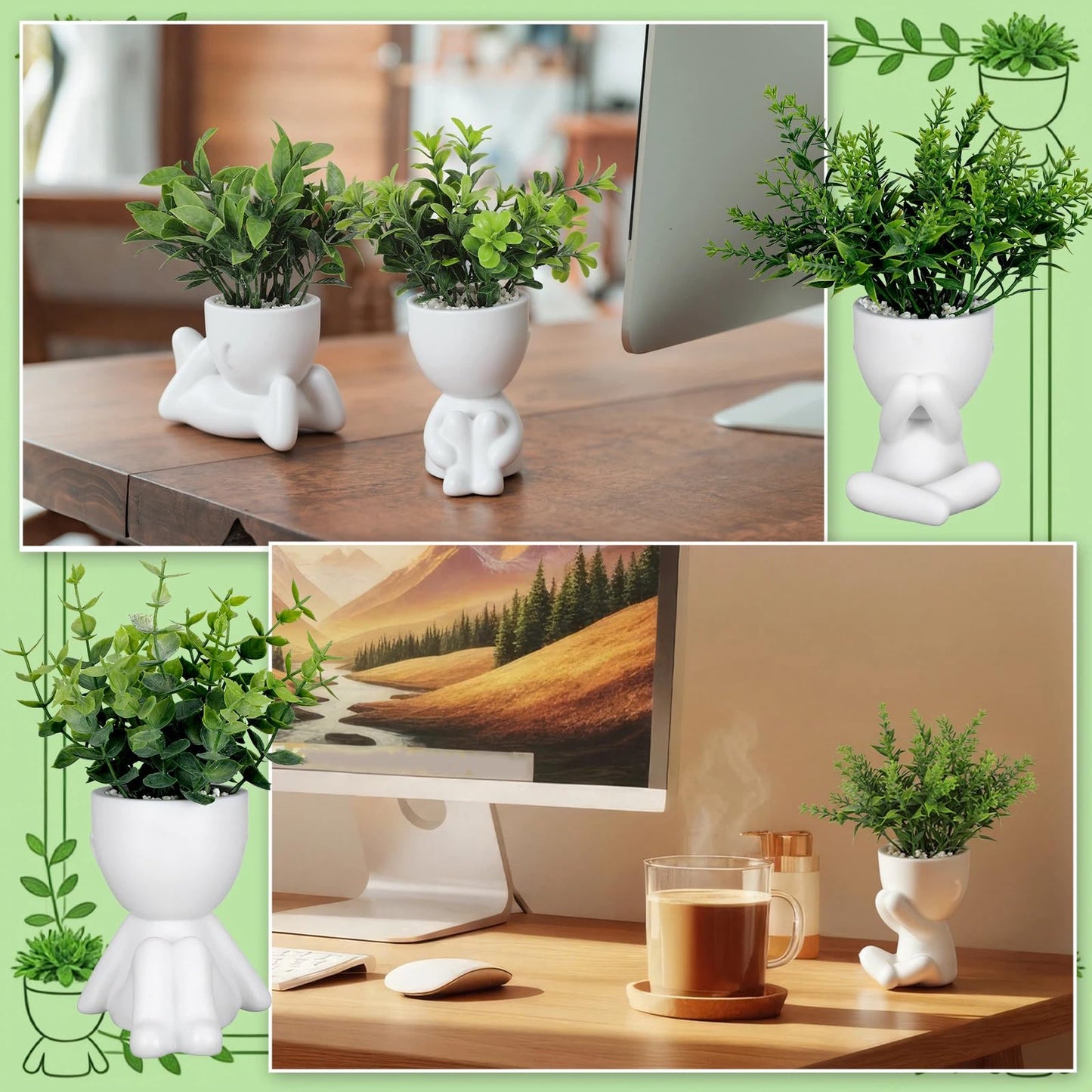 Tigeen 4 Packs Creative Fake Plants in Playful Human Shaped Pots Vase Cute Desk Decor Mini Artificial Greenery Positive Office Gifts Small Fake Plants for Desk Shelves Tabletop Modern Home Decoration