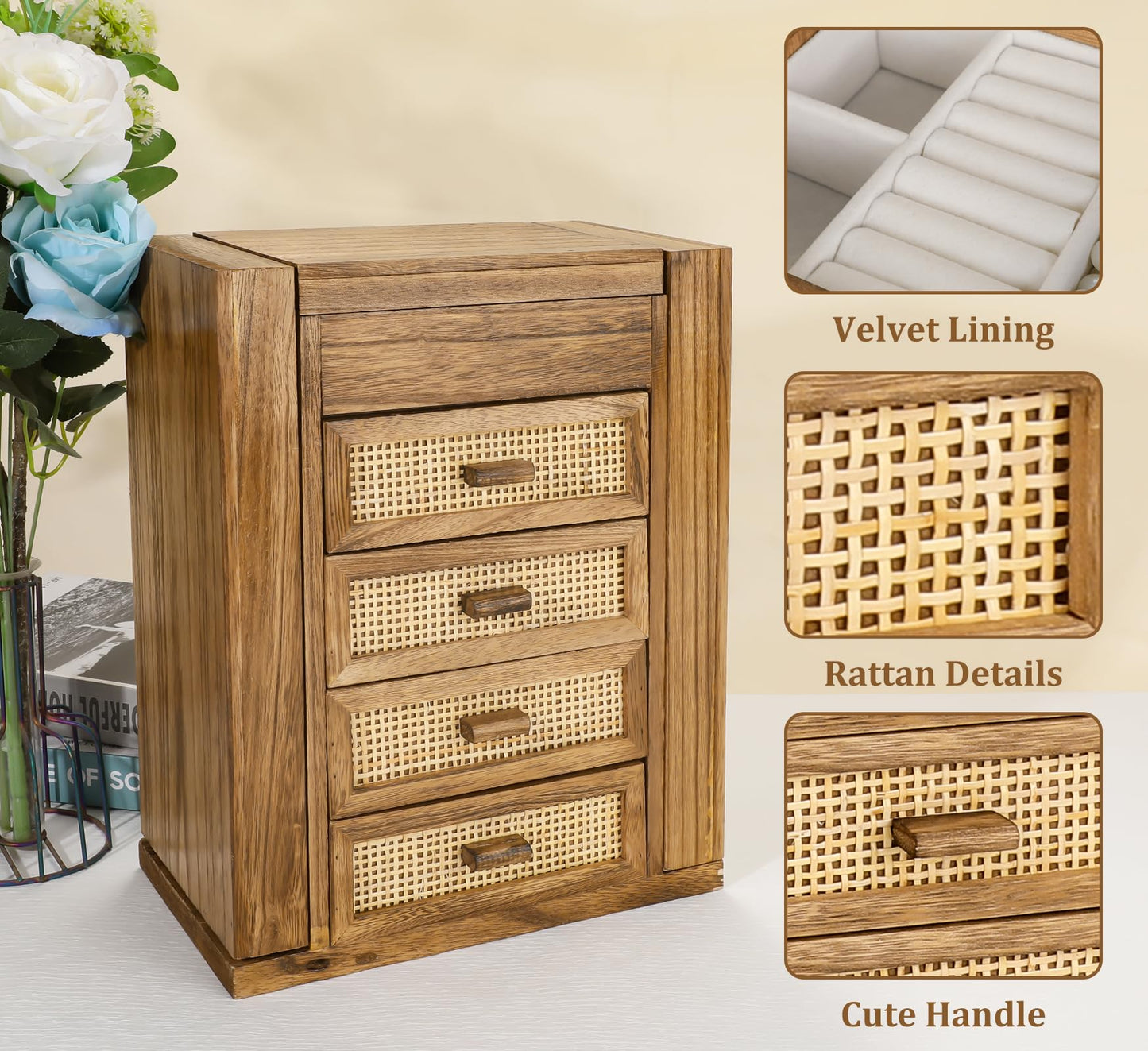 Jewelry Organizer, Rattan Jewelry Box, 5 Layer Wooden Jewelry Organizer Box with Mirror, Jewelry Boxes with 4 Drawers for Women Men, Jewelry Storage for Rings Earrings Necklaces Bracelets Watch