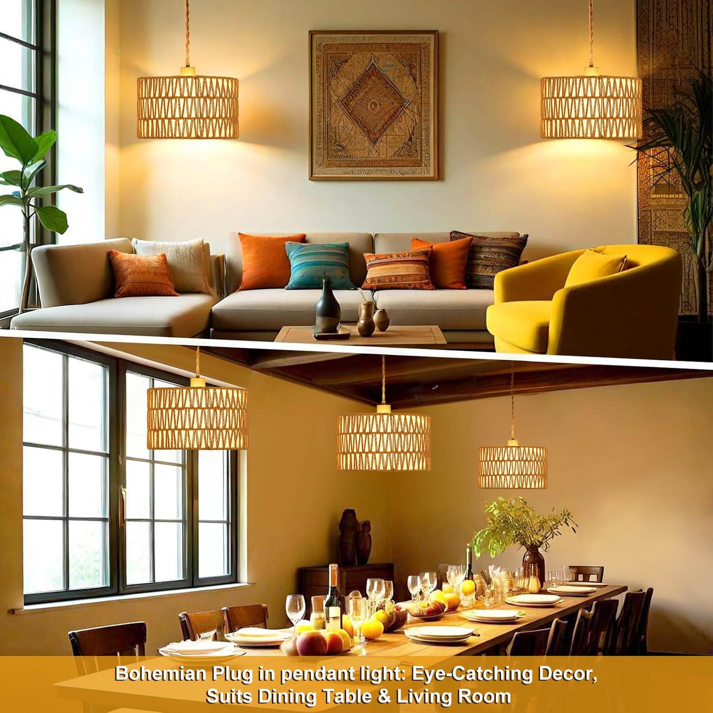 Vannise Dimmable Boho Hanging Lights with Plug in Cord 14.7ft，2 in 1 Shade Plug in Pendant Light Rattan Hanging Lamp with E26 Bulb, Long Lasting Wicker Plug in Pendant lamp Fixture for Living Bedroom