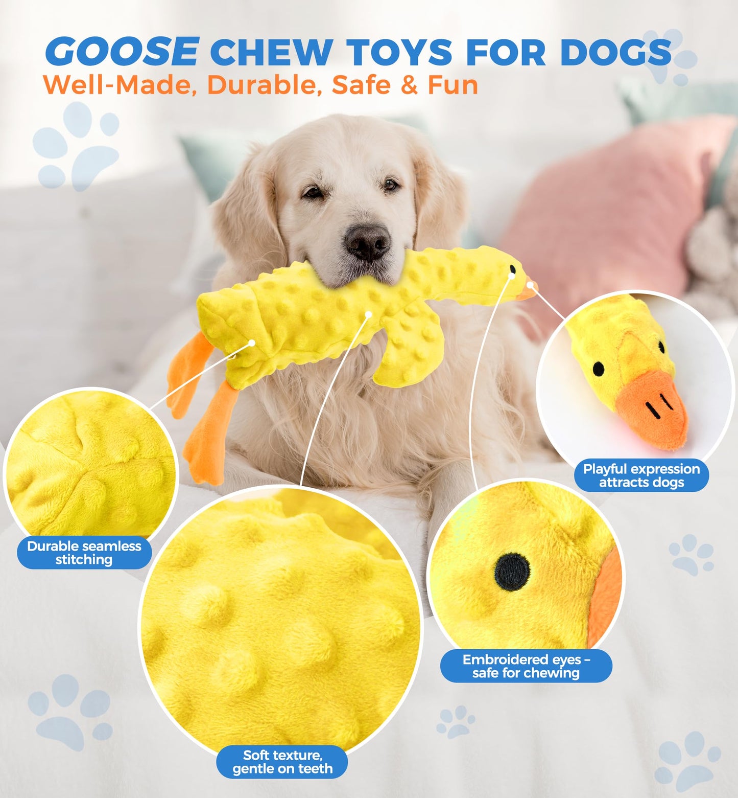 IPTPAS Squeaky Plush Dog Toy for All Breeds, Multifunctional Goose Dog Toy with Honking Sound, Crinkle Paper, Treat Pocket, Durable Soft Stuffed Animal for Chewing, Cuddling, Interactive Play (Yellow)
