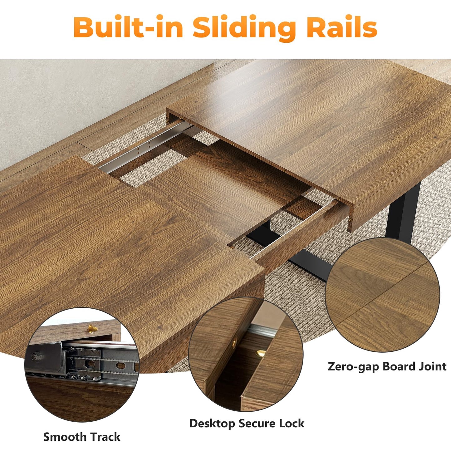Zevemomo 63"-78.7" Expandable Dining Table, 6-8 Extendable Dining Table, Rectangle Conference Table, Farmhouse Kitchen Table with Slide Track, Tapered U-Shaped Wood Legs for Office, Living Room-Brown