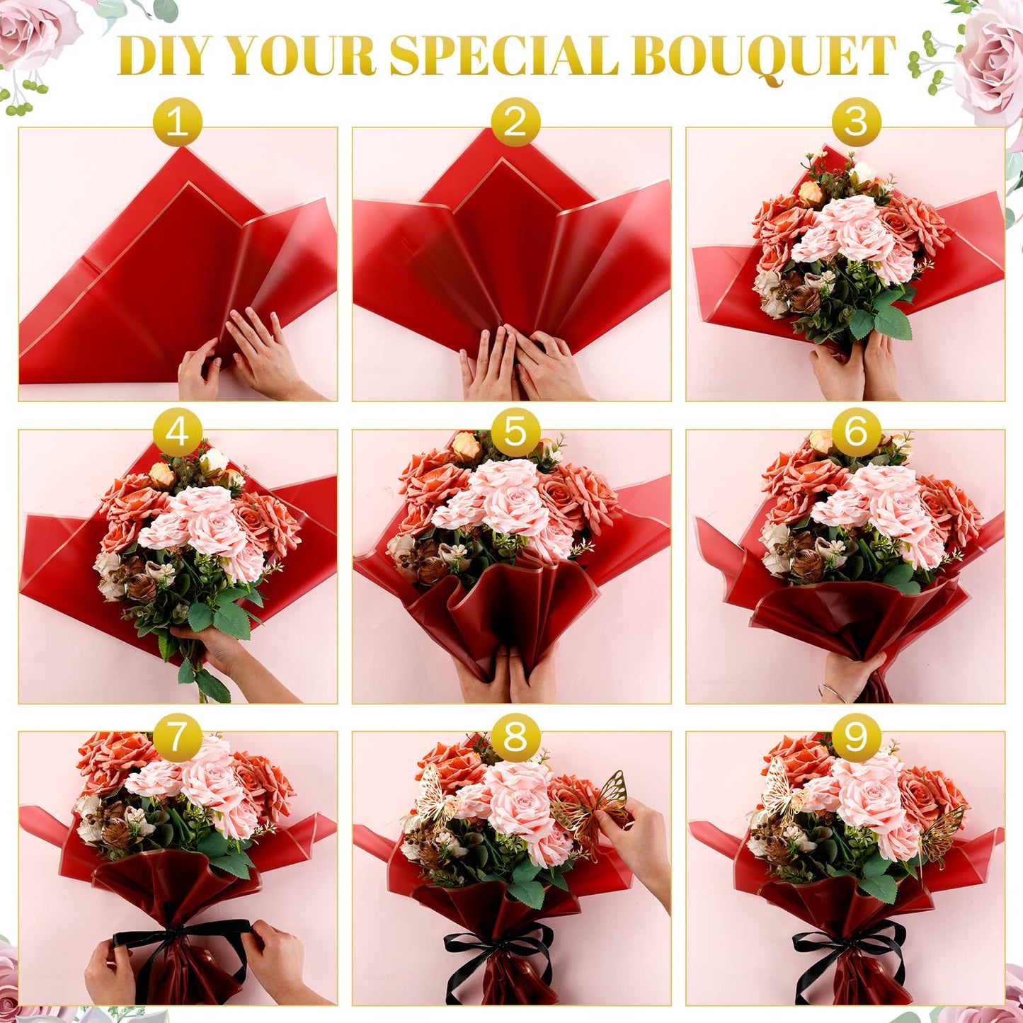 Outus 60 Sheets Flower Bouquet Wrapping Paper Mother's Day Waterproof Floral Wrapping Paper with 60 3D Butterfly 100 Flower Pins 2 Rolls Ribbon Florist Supplies for Wedding(Red, Black, White)