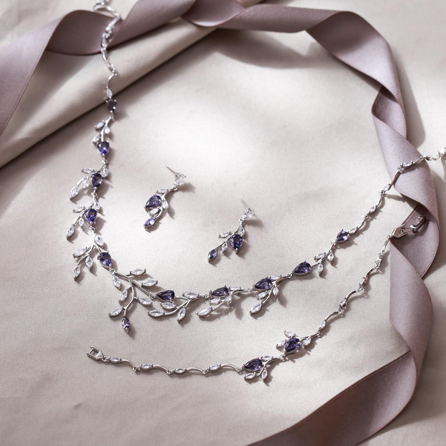 EVER FAITH Wedding Party Jewelry Set for Women, Sparkly Cubic Zirconia Pear-Shaped Birthstone Leaf Necklace Tennis Bracelet Earrings Sets for Prom Purple