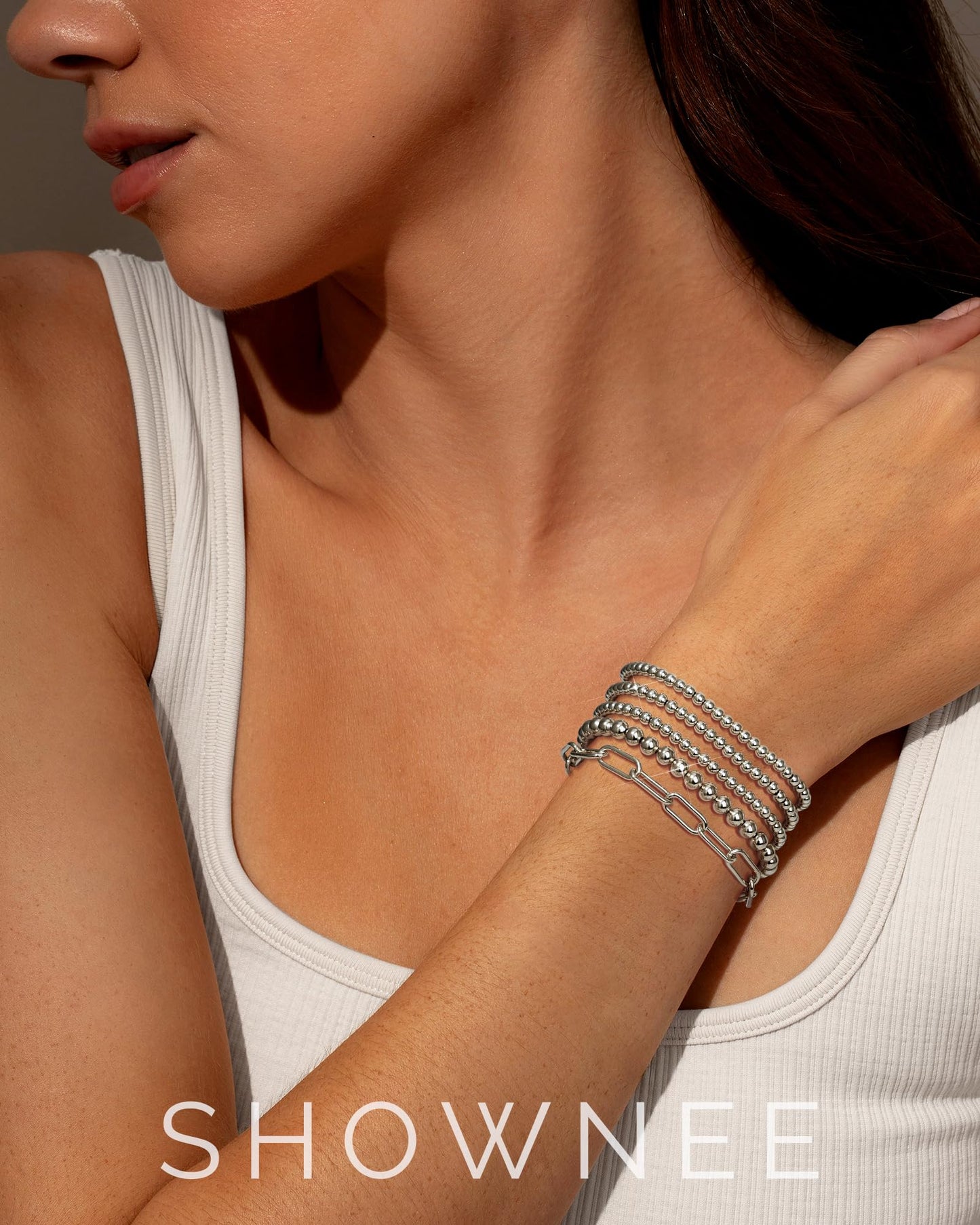 shownee Sliver Beaded Bracelet for Women 14K Gold Plated Bracelets Gold Stretch Bead Ball Bracelet Hypoallergenic Stackable Bracelet Set 6.8 inch Graduation Gift for Her Mothers Day Gifts for Mom