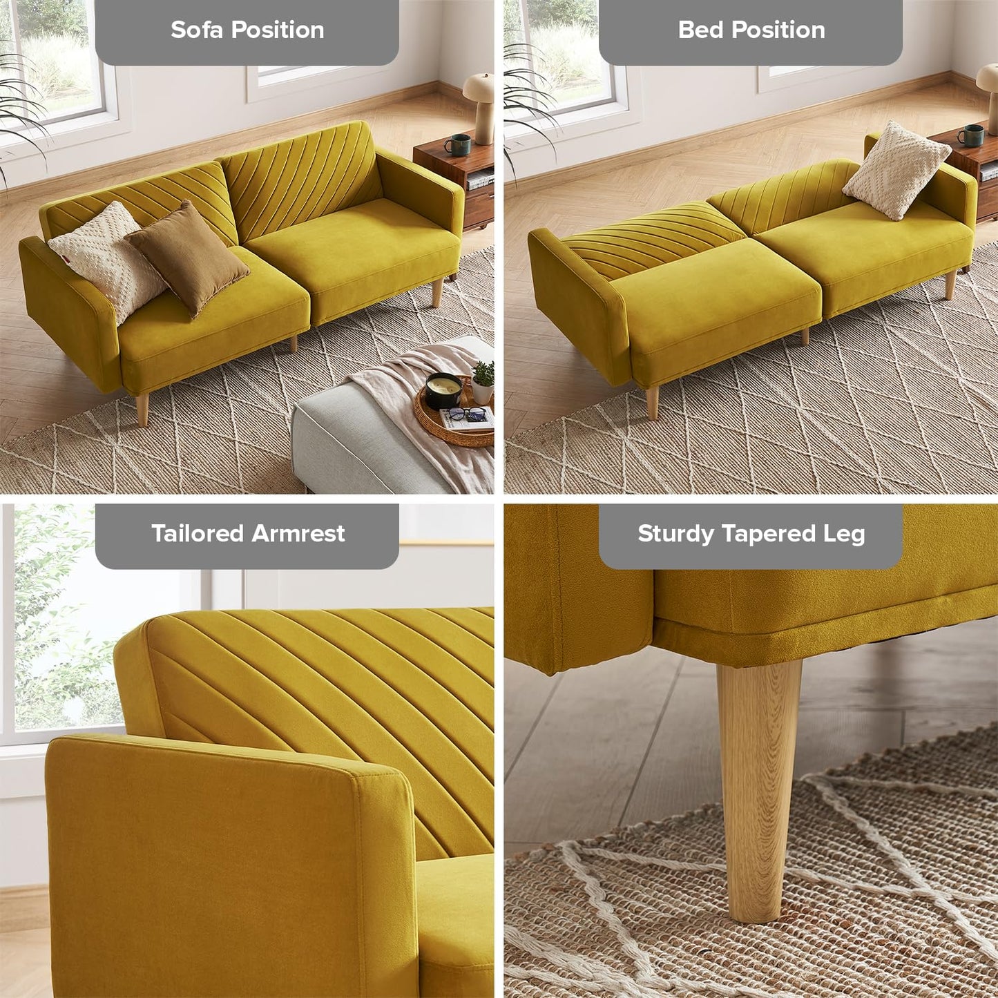mopio 76.4" Futon Sofa Bed, Couch, Loveseat, Sleeper Sofa, Mid Century Modern Futon Couch, Sofa Cama, Couches for Living Room (Antique Gold Premium Velvet)