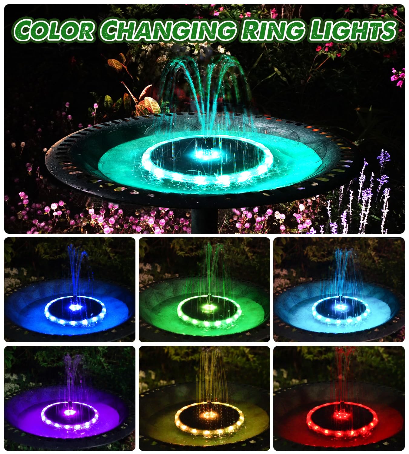Yzert Solar Fountain Matte Panel with 4000 mAH Battery, 4W Bird Bath Fountains Solar Power with 8 Nozzles, Floating Solar Fountain Pump for Bird Bath, Garden, Pond, Outdoor (Color Change)