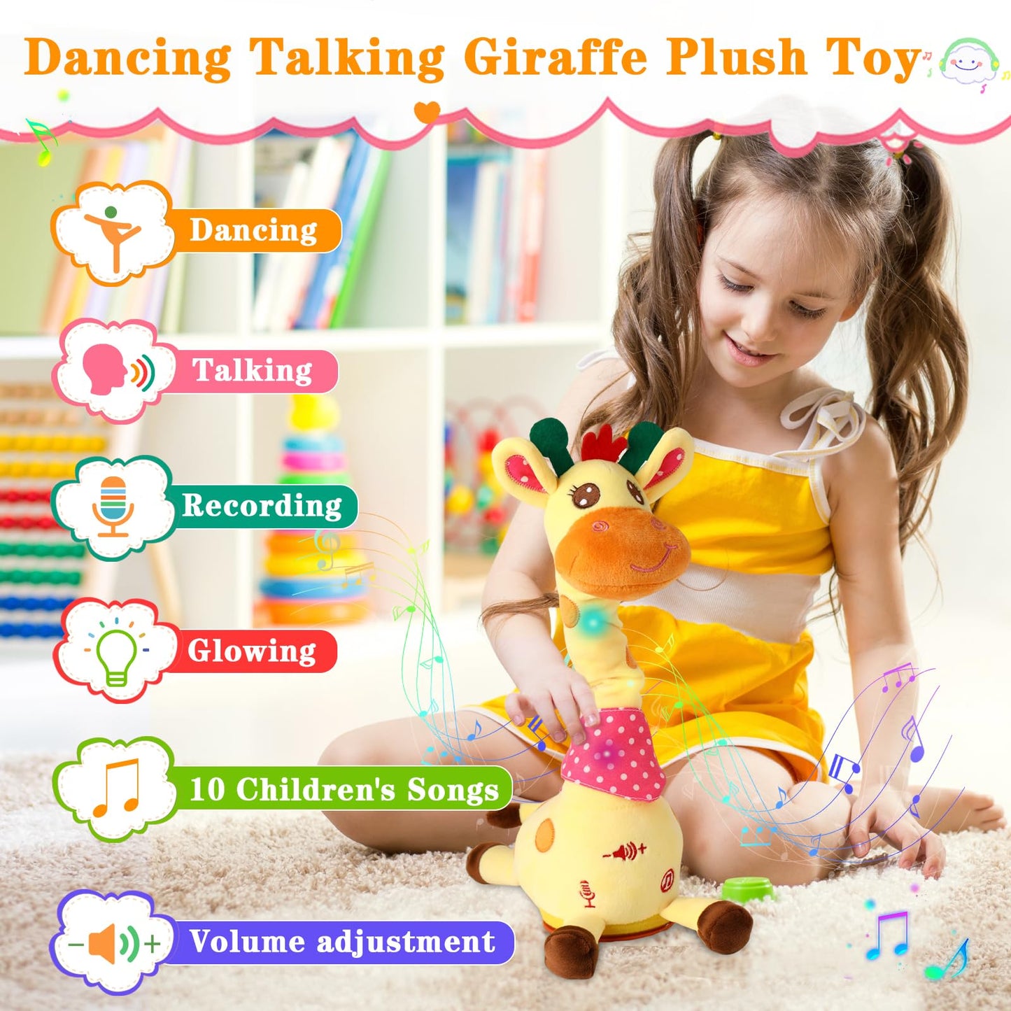LLUKEME Dancing Talking Giraffe Toy for Baby Girl & Boy, Interactive Stuffed Animal Baby Toy Repeating What You Say, Glowing Musical Giraffe Gifts for Toddlers 1-3 Years Old, for Kids (Giraffe)