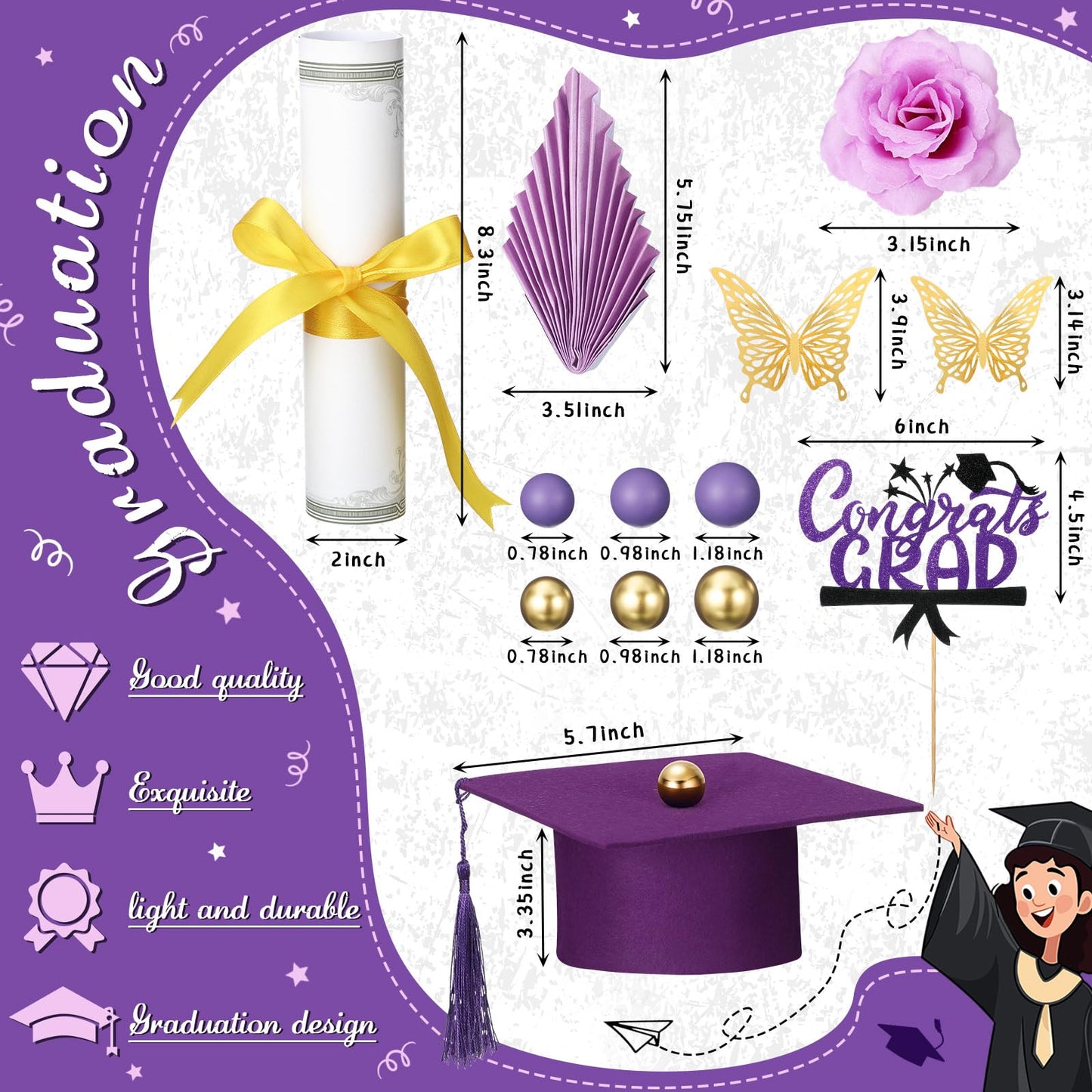 Jingmore Graduation Cake Kit Included Felt Graduation Cap Diploma Classic Black Congrats Grad Cupcake Toppers Beads Leaf Flowers Cake Decorations for Class of 2026 Party(Purple and Gold)