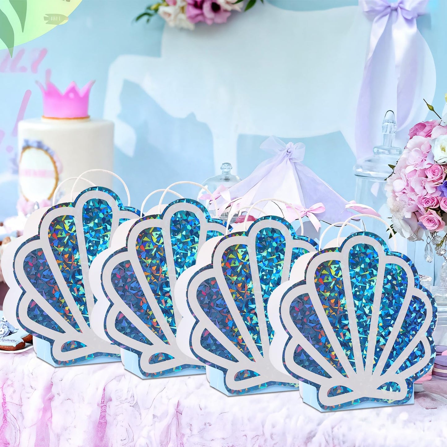 Sariiraw 16 Pack Mermaid Party Favor Bags with Handles, Holographic Seashell Goodie Bags for Under The Sea Theme Party Decorations, Mermaid Birthday, Baby Shower Supplies, 6"x3.1"x9.8"