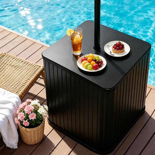 Umbrella Side Table with Hole, Fit Up to 1.5" Poles, Heavy Duty Fillable Base, 132 lbs Capacity, 2 in 1 Outdoor Patio Side Table for Patio Porch Deck Balcony Poolside, Easy Assembly, Modern Style