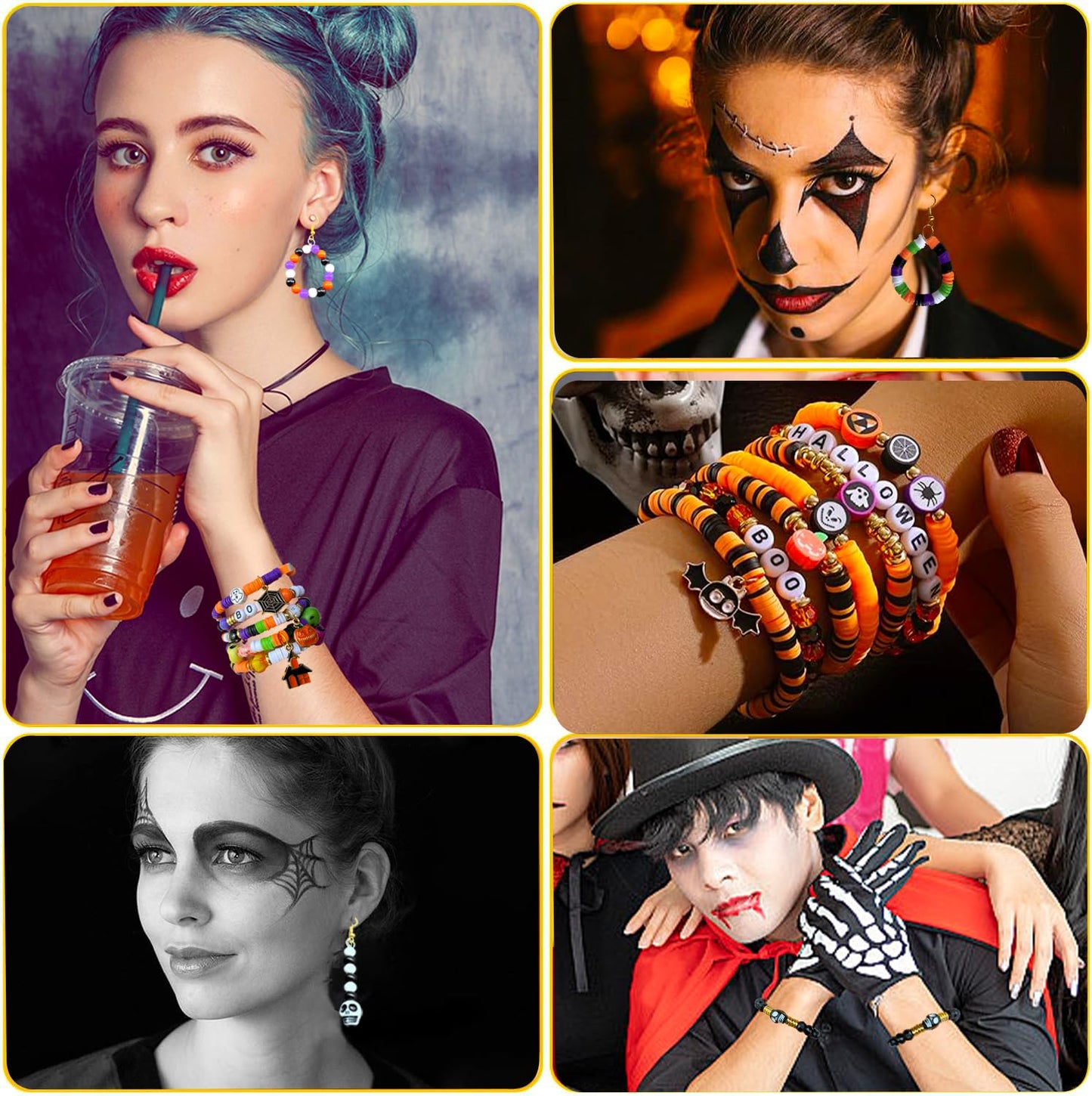 1970Pcs Halloween Bracelet Kit, Halloween Beads for Bracelets Jewelry Making Orange Black White Purple Polymer Clay Beads Pumpkin Evil Eye Skull Bead with Ghost Spider Charms for DIY Craft Earring