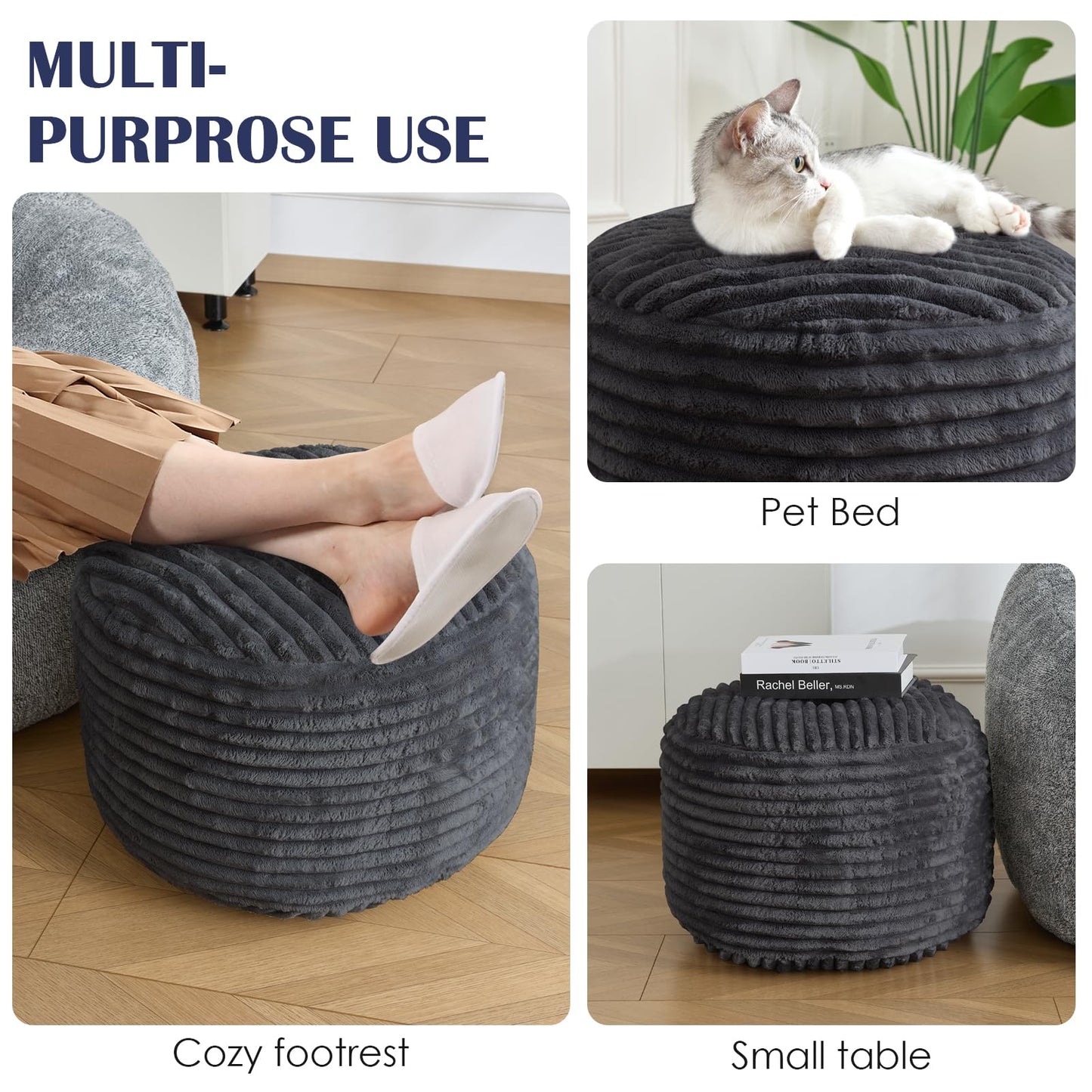SHOUREN Stuffed Round Pouf Ottoman,Corduroy Foot Rest with Shredded Foam Filling, Lightweight and Fluffy Pouf Storage Ottoman for Living Room,Floor Poufs for Couch,20"x15", Dark Grey