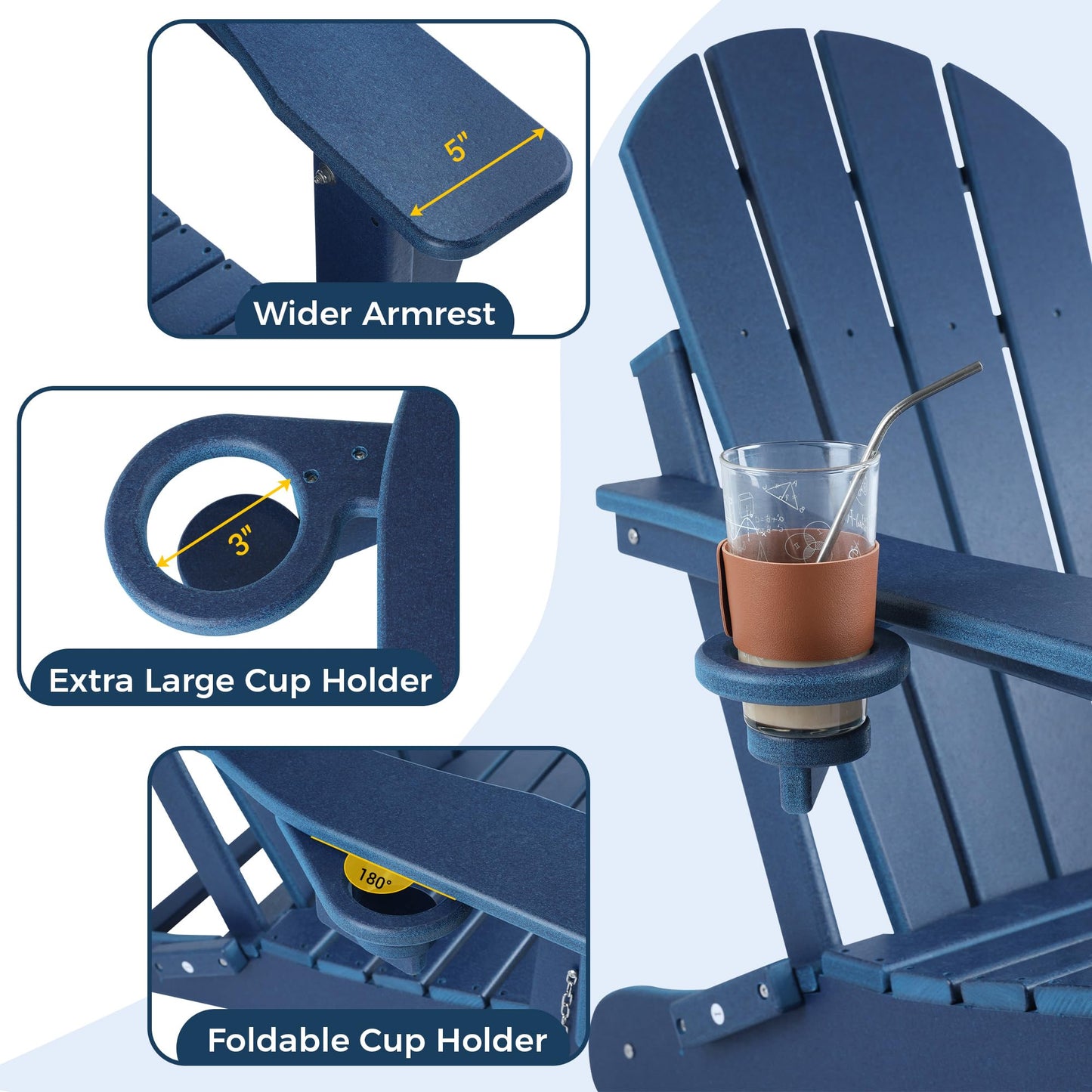 Magpie Fabrics Foldable Adirondack Chair with Cup Holder, HDPE Weather Resistant Oversize Outdoor Chair, Widely Used in Patio, Fire Pit, Deck, Porch, Garden, Campfire (Navy Blue)