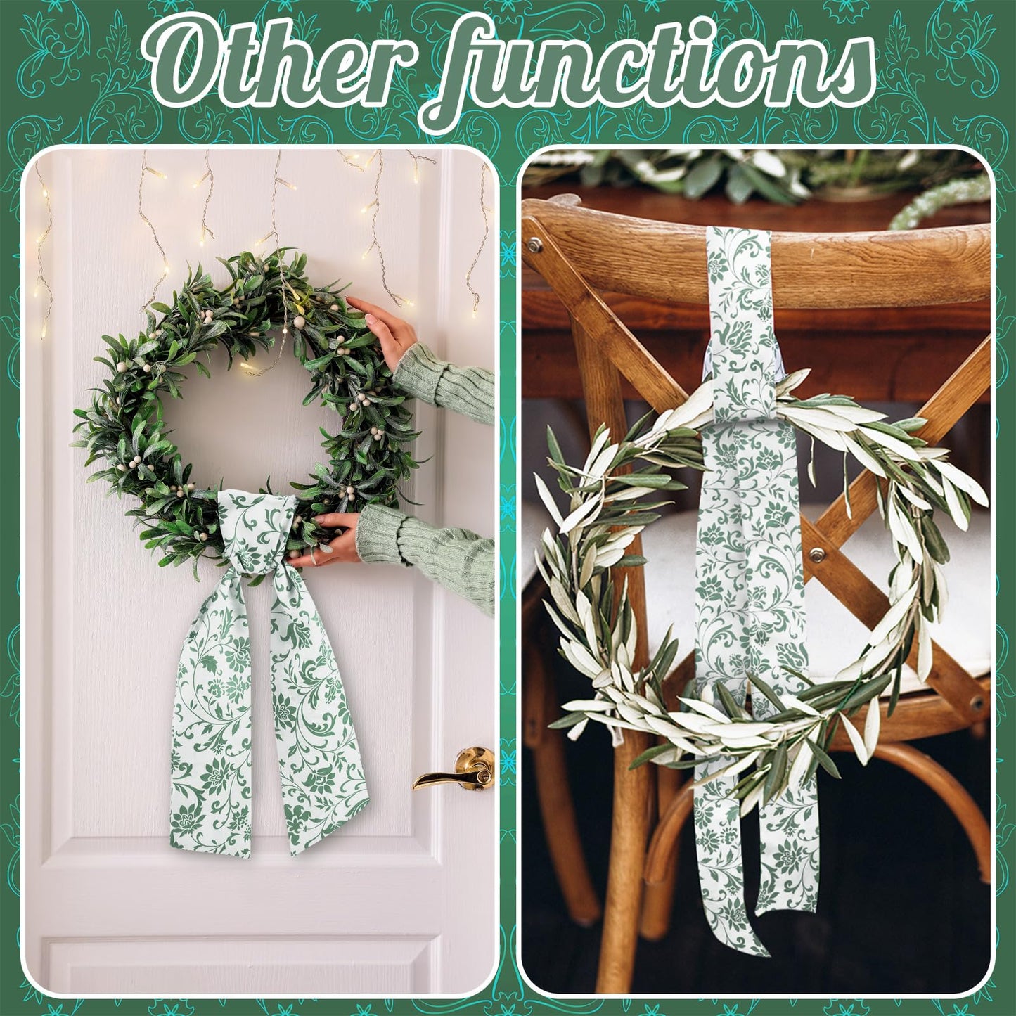 VitalCozy 2 Pcs Wreath Sash for Front Door Wreath Sash Garland Ribbon Accessories for Embroidery Monogram Outdoor Indoor Xmas Party Yard Doorway 4.5" W x 56" L(Green,Greenery)