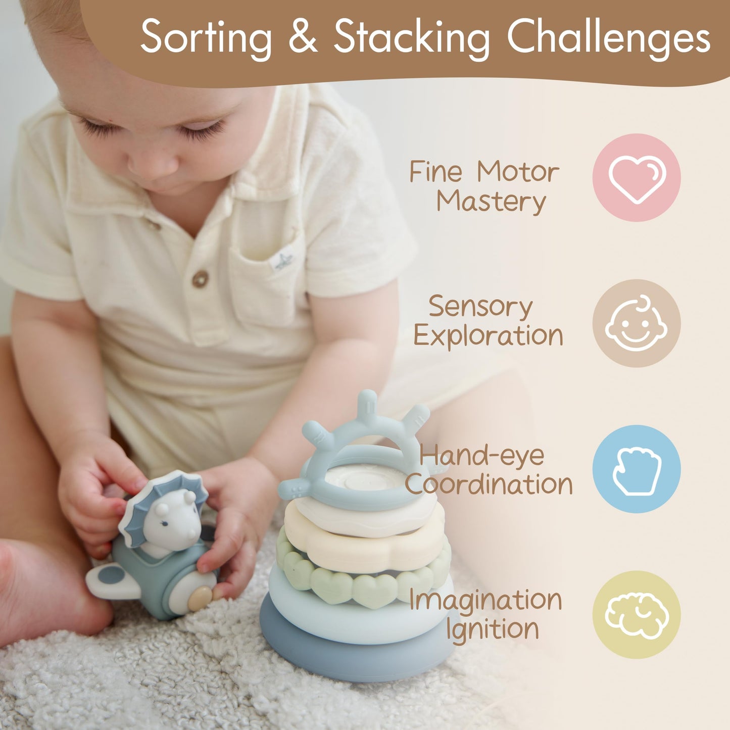 Moonkie Dinosaur Baby Stacking Toys | 7-Piece Silicone Rings for Teething Relief | Educational Toy for Infants & Toddlers 6 Months+ | Baby Shower or Birthday Gift for Boys