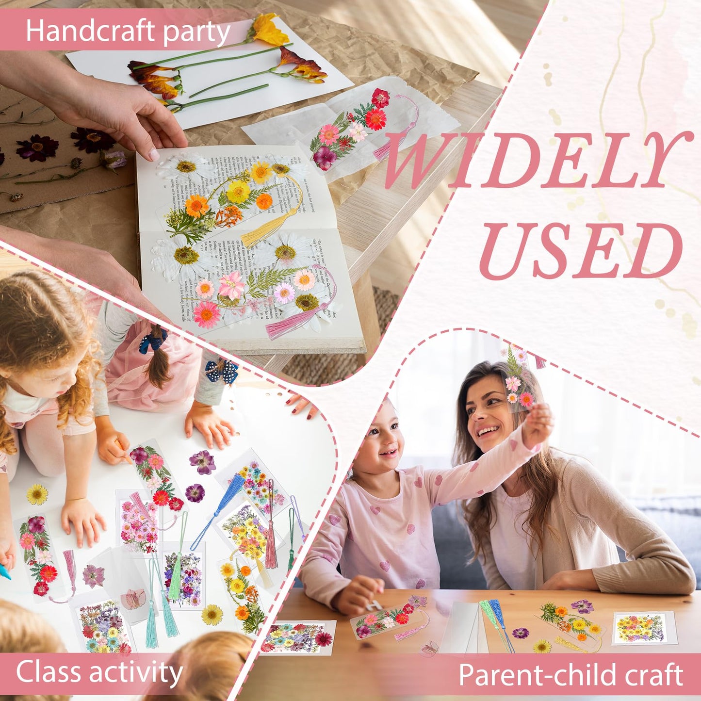 kmfosaat 344 Pcs Pressed Flower Bookmark Making Kit, 50 Laminating Pouches with 242 Dried Flowers, 50 Tassels, Tweezer and Punch, Party DIY Crafts Bookmark for Reading Women Kids