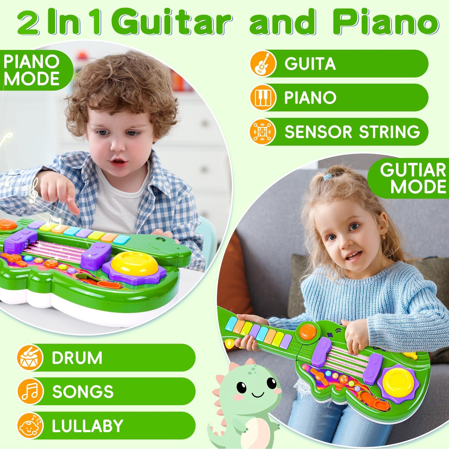 Dinosaur Kids Guitar 2-in-1 Musical Instruments for 3 4 5 Year Old Boys Girls Gifts, Toddler Electric Guitar Piano Toy with Strap & Dino Design (Green)