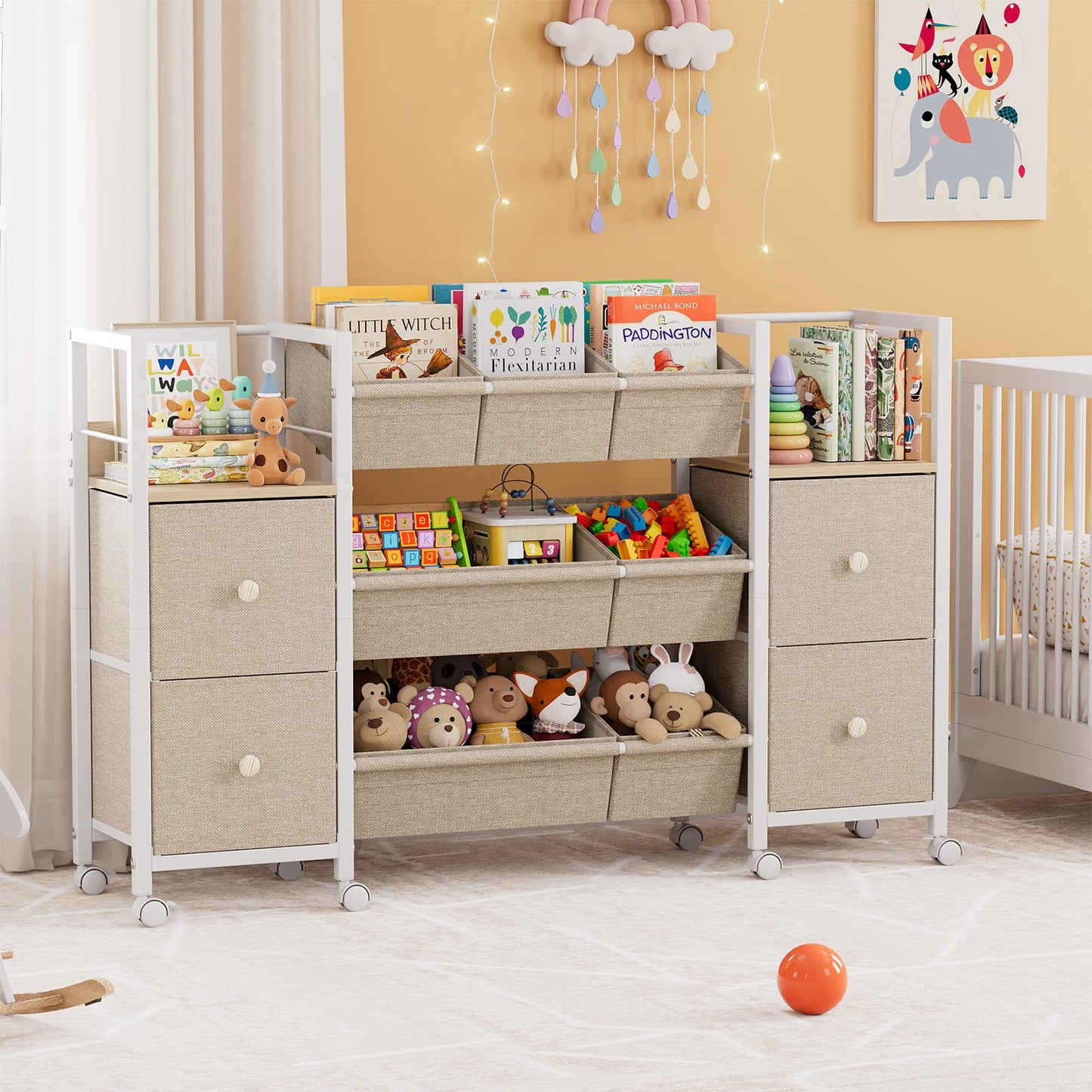 Kids Toy Organizers and Storage Bins - 7 Storage Bins + 4 Fabric Drawers + 2 Bookshelf, Playroom Storage, Mobile Cart Organizer for Toy, Clothes, Blankets and Books - Off White
