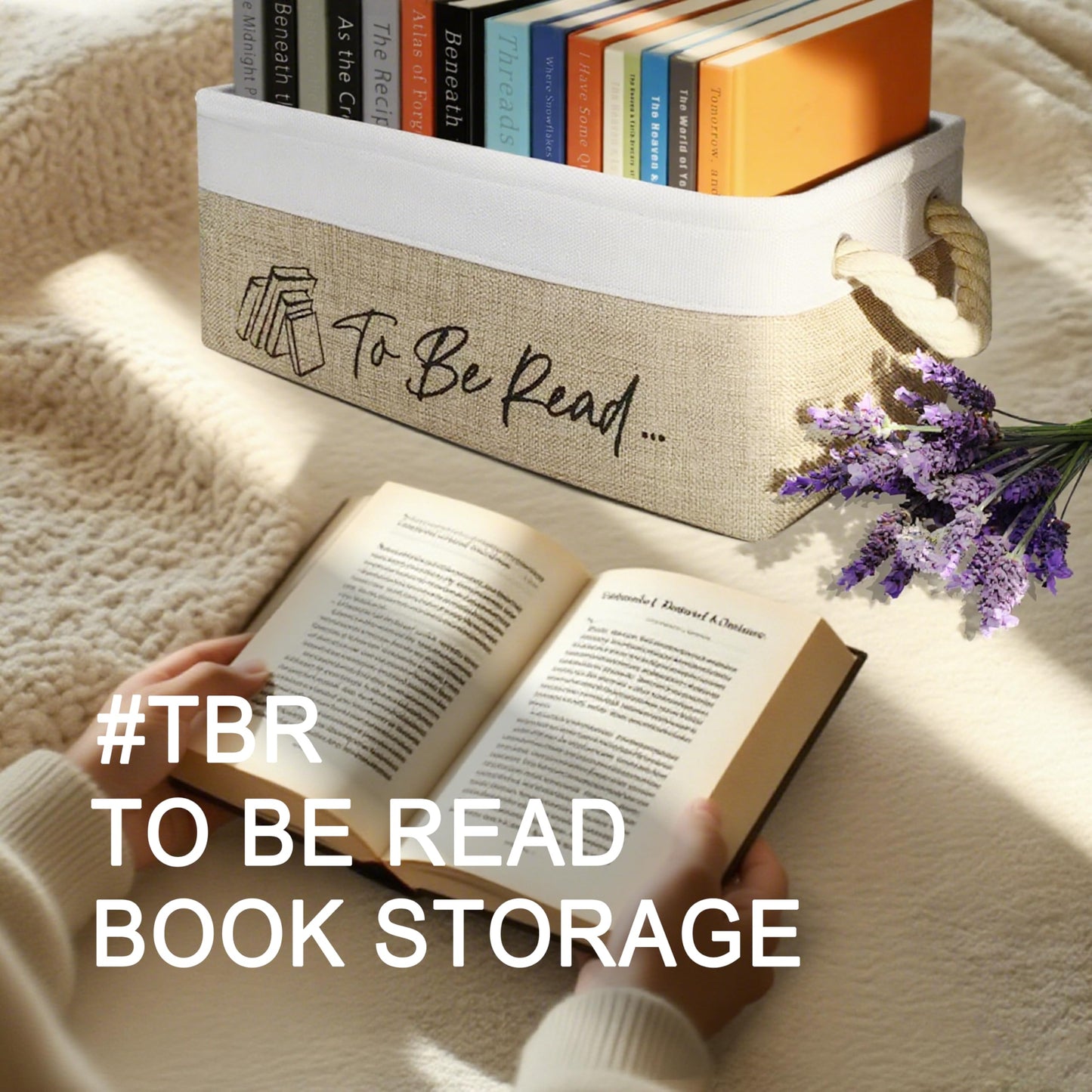 PerYoLyf Book Lovers Gifts TBR Book Storage Basket with Back Side Pocket to Be Read List Storage Bin Reading Accessories for Club Members & Librarians Bookish Gifts (White and Brown)