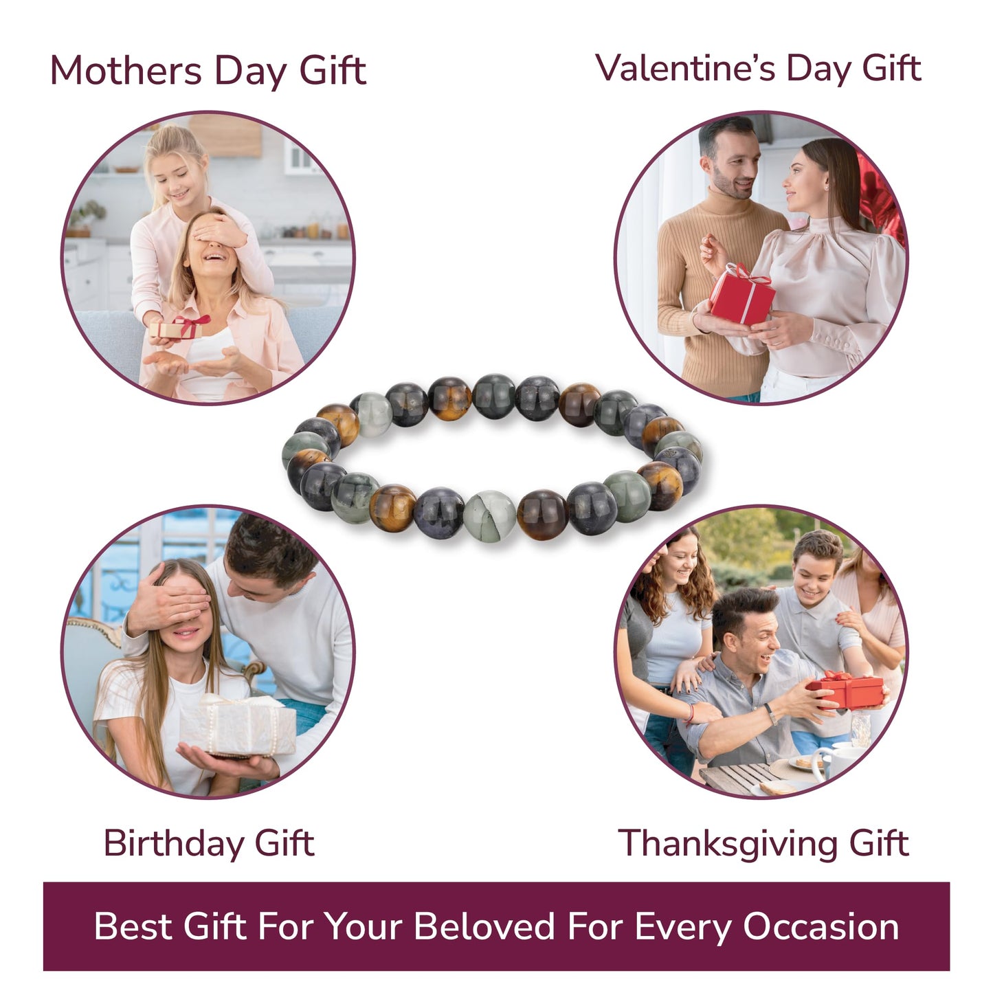 Crystal Vibe Triple Protection Bracelet - Tiger's Eye - Bloodstone - Iolite - Natural Gemstone Healing Bracelet - 8mm Beaded Bracelet for Protection Balance - Elastic Adjustable Size