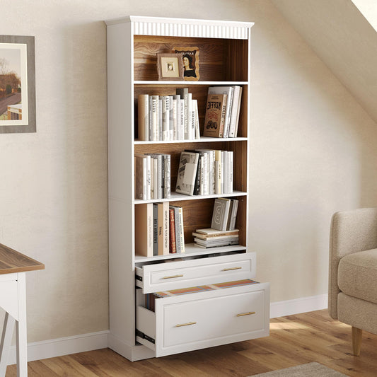 LITTLE TREE 72-Inch Tall White Bookcase, 5-Tier Wooden Open Display Bookshelf with 2 Drawers fits Letter, Legal, A4 Size, Modern Floor Standing Storage Organizer for Home Office & Living Room,Bedroom