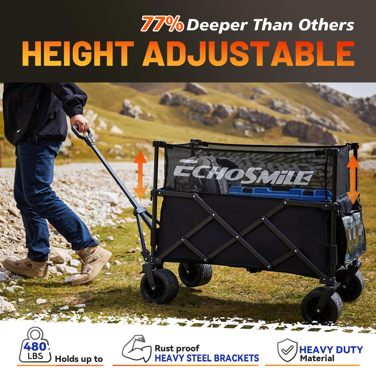EchoSmile Collapsible Folding Wagon Cart with Mesh Fabric - 480lbs Capacity 2-in-1 Heavy Duty Utility Wagon for Camping, Beach, Grocery &Shopping