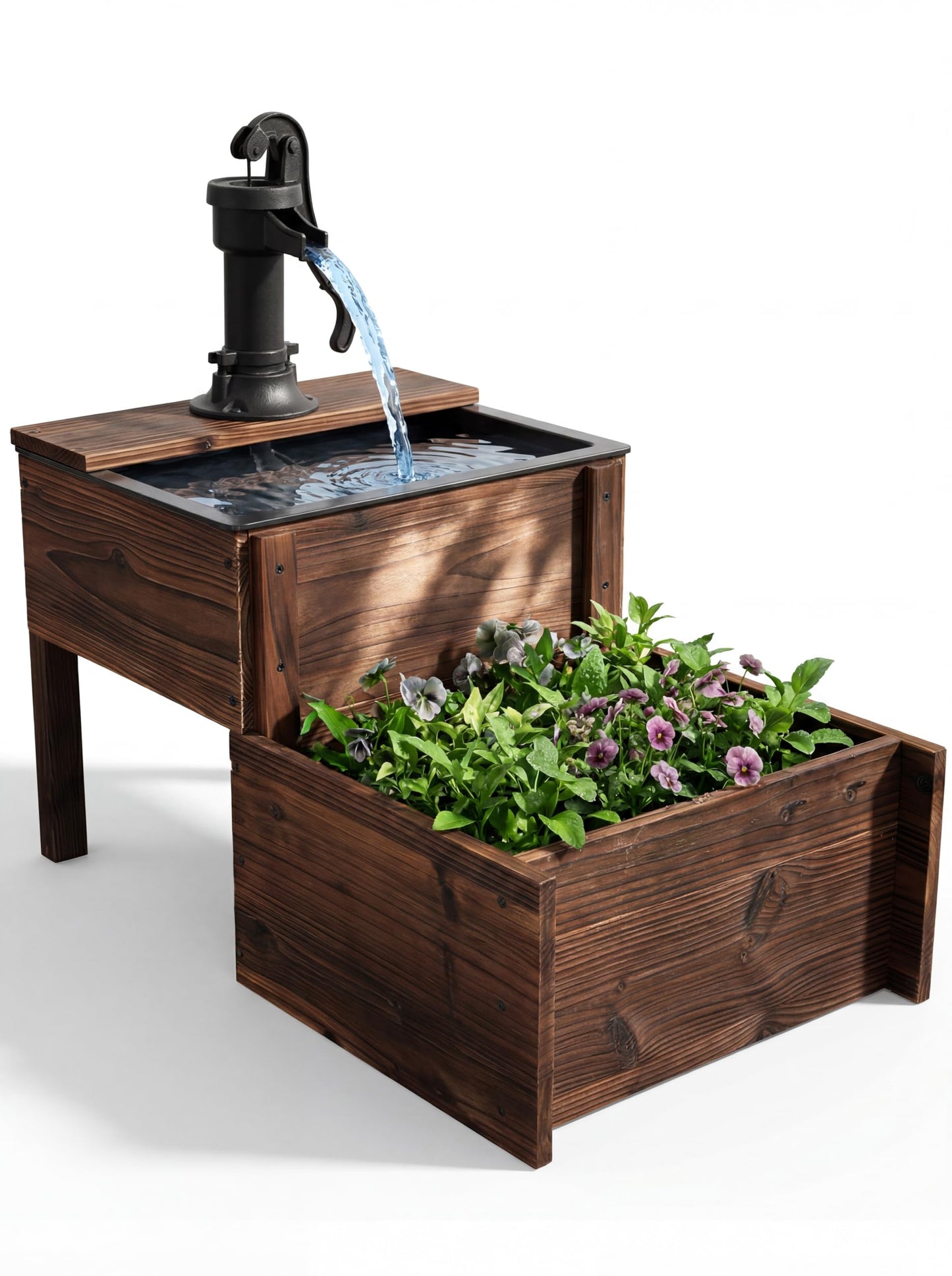 Borsynium,Outdoor Water Fountain，Floor Wooden Rectangular Double-Layer Old-Fashioned Pump Fountain with Flower Box，Plug-in Electric Decorative Hand Pump,Outdoor Water Feature for Garden Patio Backyard