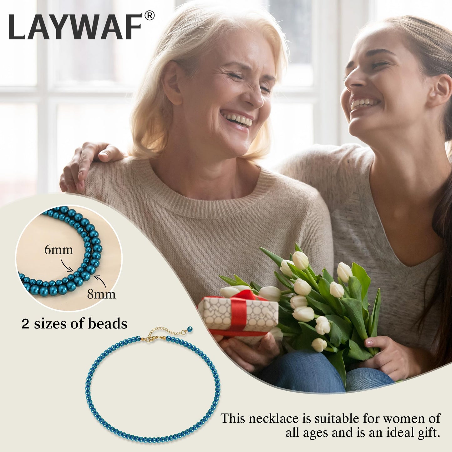 LAYWAF 6MM Imitation Pearl Necklace for Women, Fake Pearl Choker Navy Blue Beaded Necklace, Faux Pearl Costume Jewelry for Mom Wedding Bride Bridal