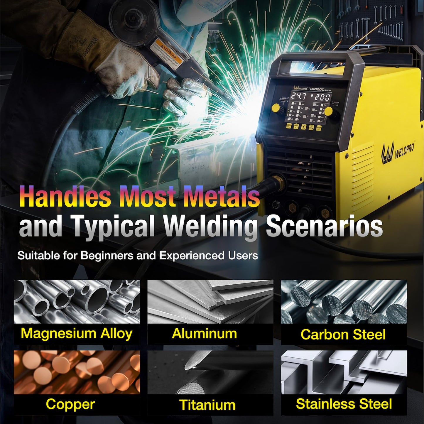 Weldpro 200 Amp MIG Welder, 110/220V 7-in-1 Manual MIG/Synergic MIG/Flux-core MIG/Lift TIG/MMA/Spot/Spool Gun Aluminum Multi-process Welding Machine with Large LED Display, IGBT, 2T/4T, Save Job